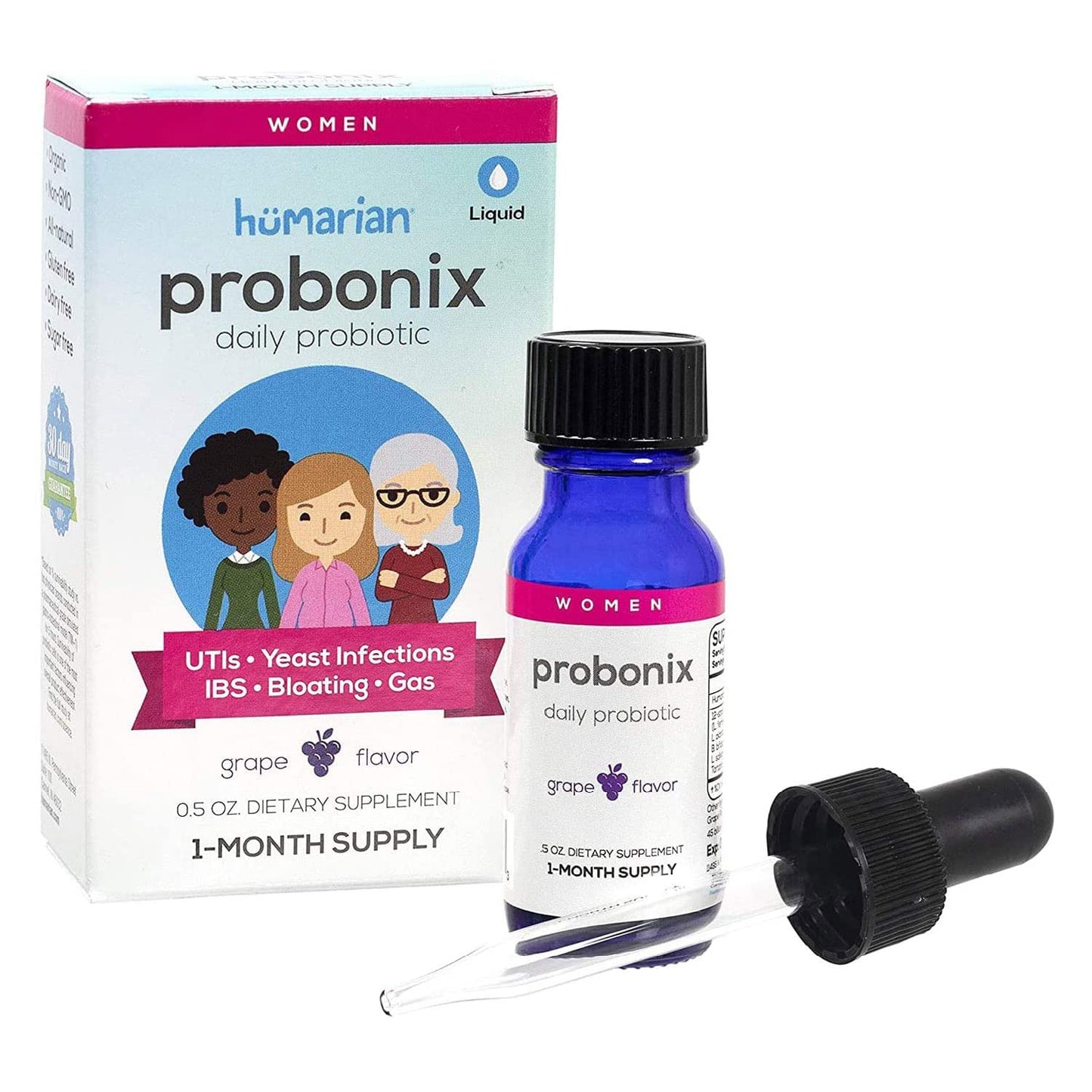 Probonix Humarian Liquid Probiotics for Women - 12-Strain Probiotic Drops to Fortify Women’s Gut Health, Vaginal Health, Immunity and Overall Wellness - 30-Day Supply - Delicious Grape Flavor