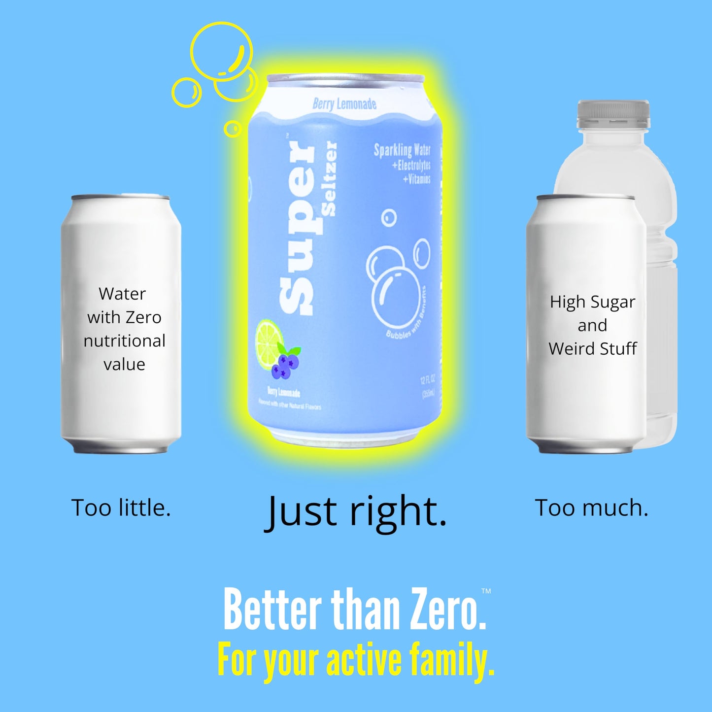 Super Seltzer Sparkling Water with Electrolytes and Vitamins, Berry Lemonade Naturally Flavored, 12 Fl Oz, Pack of 12 cans