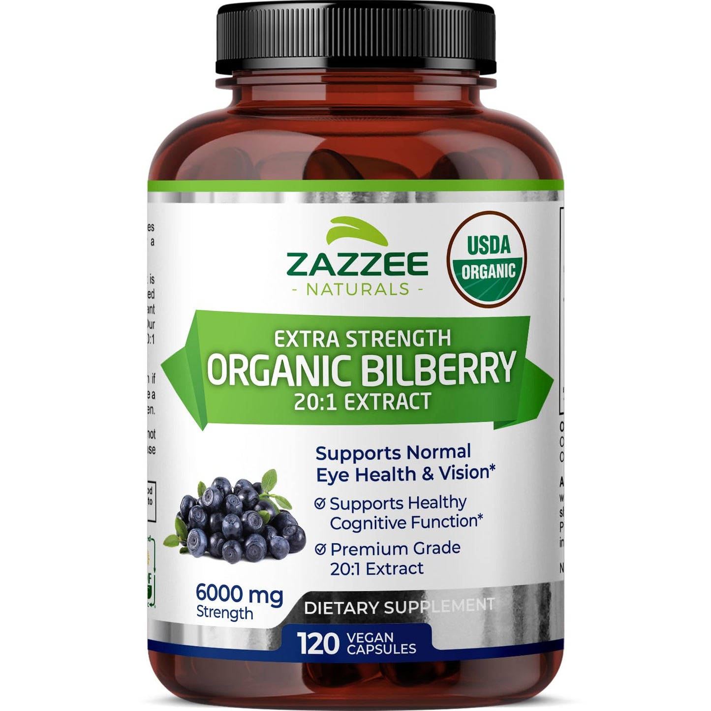 Zazzee USDA Organic Bilberry 20:1 Extract, 6000 mg Strength, 120 Vegan Capsules, 4 Month Supply, Standardized and Concentrated 20X Extract, 100% Vegetarian, All-Natural, Non-GMO, Made in The USA