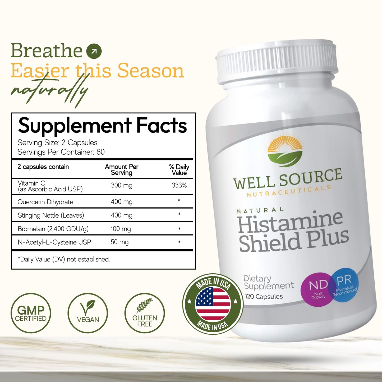 Histamine Shield Plus™ Natural Antihistamine Supplement for Adults, Sinus & Allergy Relief for Pollen, Pet Dander, Dust, Mold, and Odors, Quercetin with Bromelain & Stinging Nettle 120 Capsules
