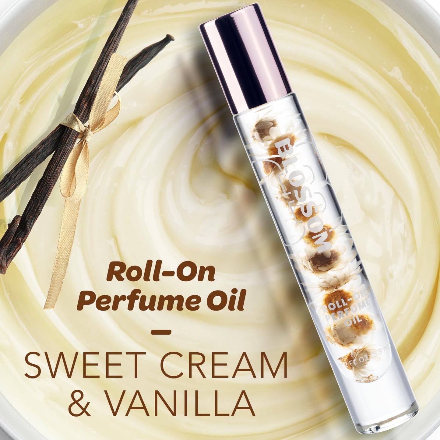 Blossom Roll on Perfume for Women Alcohol Free Gourmand Rollerball Perfume Oil with Essential Oils, Infused with Real Flowers, Made in USA, 0.20oz, (Vanilla, Cream, Sugar) Vanilla Sweet Cream