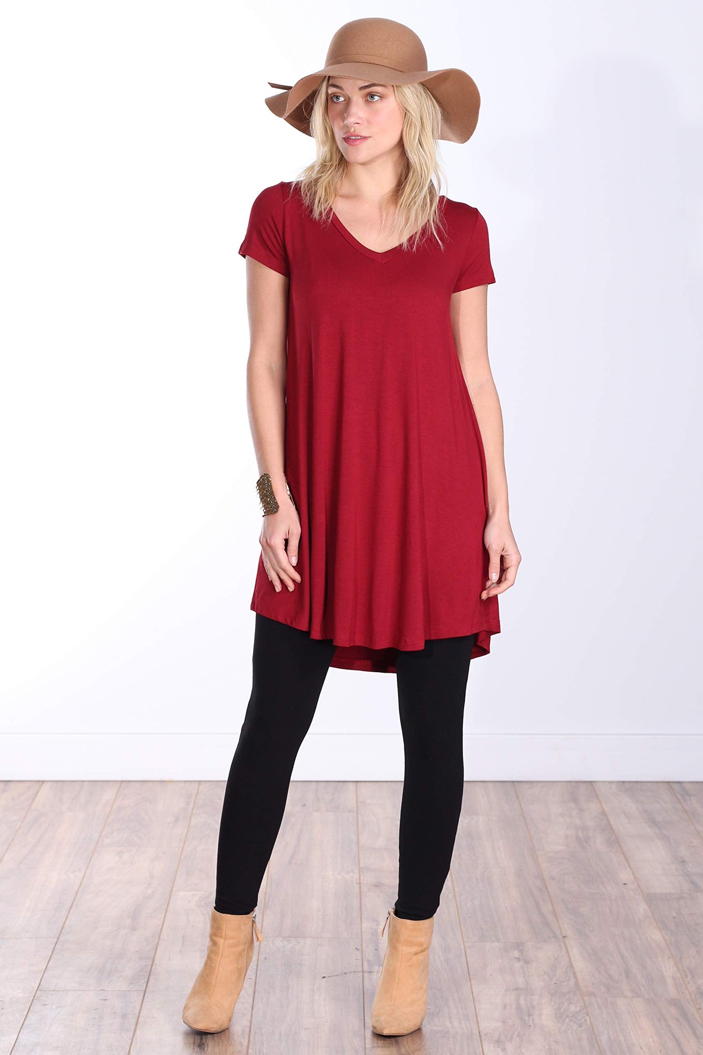 Popana Womens Short Sleeve Summer Tunic Tops to Wear with Leggings Loose Fit Made in USA Burgundy
