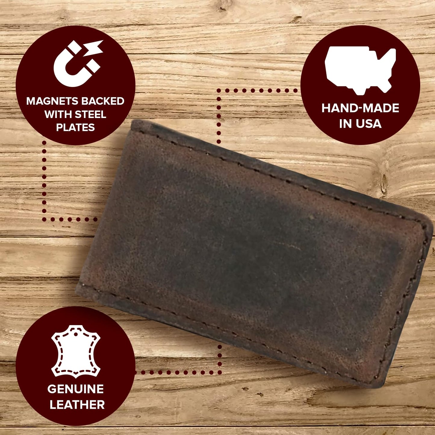 Real Leather Creations Genuine Leather Money Clip – Magnetic - American Factory Direct - Made in USA FBA487