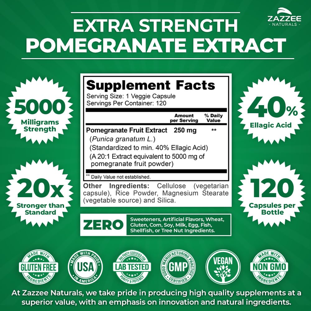 Zazzee Extra Strength Pomegranate 20:1 Extract, 5000 mg Strength, 40% Ellagic Acid, 120 Vegan Capsules, 4 Month Supply, Standardized, Concentrated 20X Extract, 100% Vegetarian, All-Natural and Non-GMO