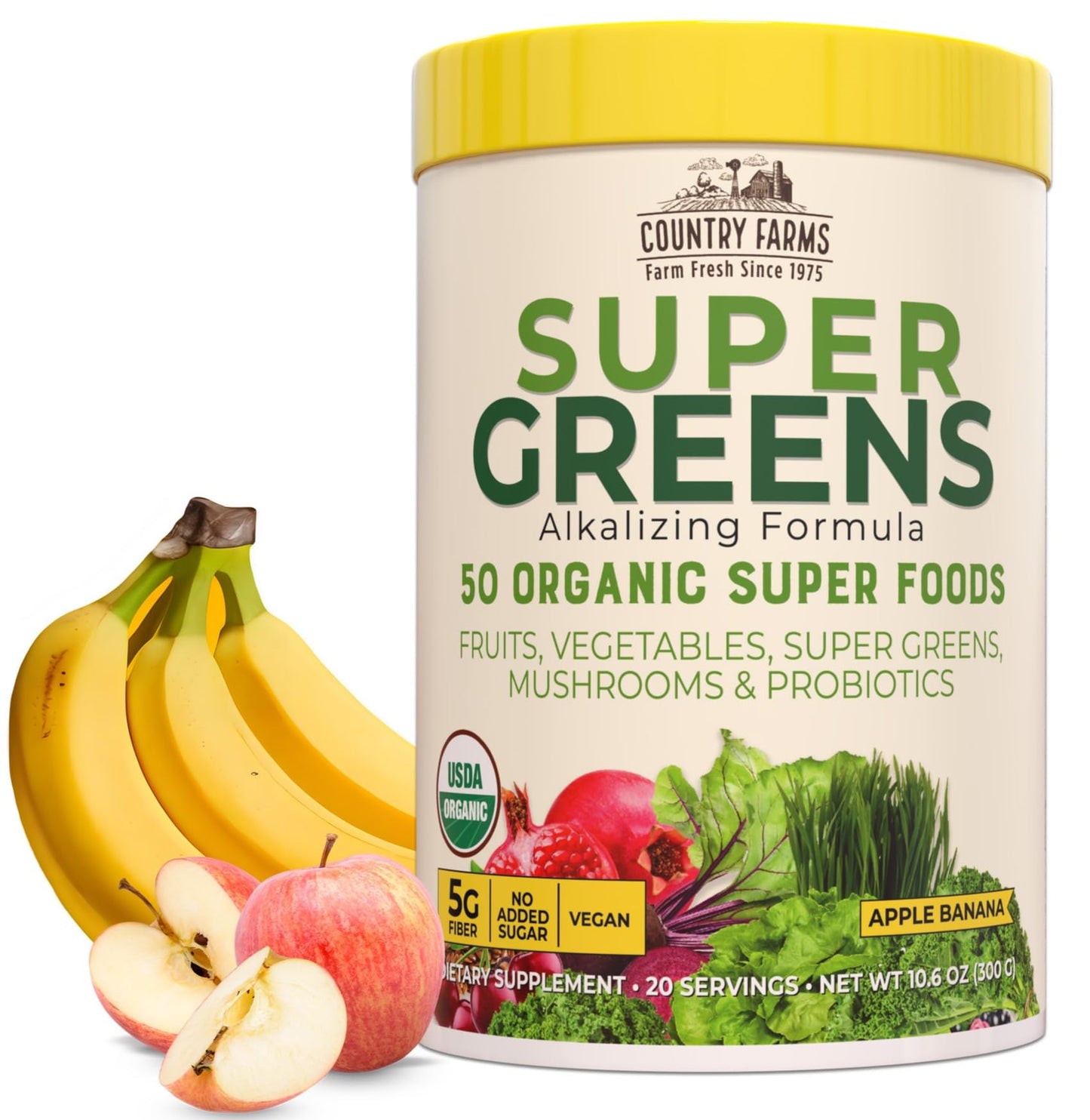 Country Farms Organic Super Greens Apple Banana Flavor, 50 Organic Super Foods, Packed with Fiber, USDA Organic Drink Mix, Fruits, Vegetables, Mushrooms & Probiotics, Supports Energy, 5g Fiber