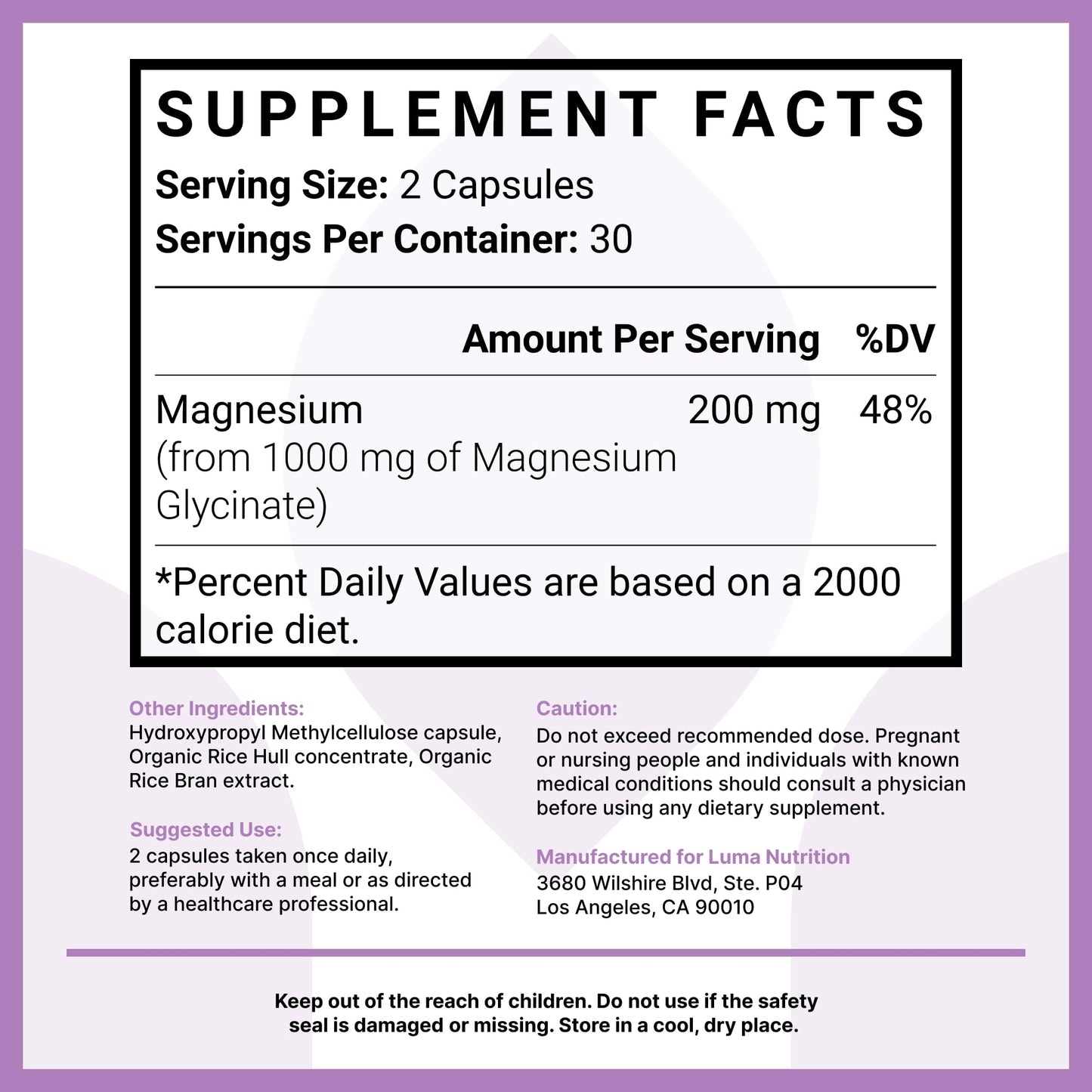 Luma Nutrition Magnesium Glycinate 1000mg - Support Stress, Sleep, Nerve & Muscle Health - 500mg Pure Magnesium Supplement Capsules - Chelated for High Absorption - 60 Veggie Capsules