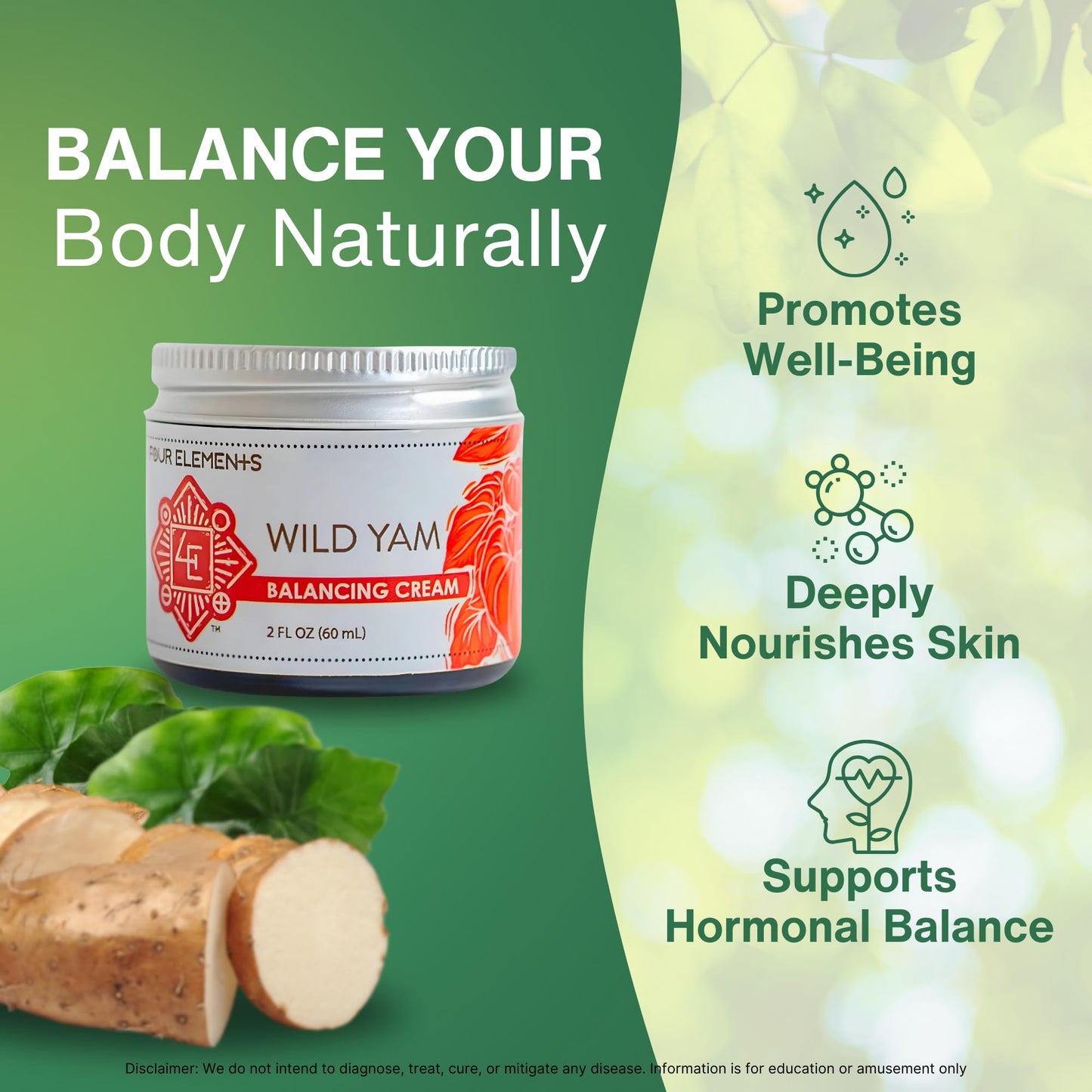 Wild Yam Cream for Hormone Support 2 Oz | Four Elements 4E Organic Wild Yam Balancing Cream for Women | Menopause & PMS Support - Estrogen & Progesterone Free | Proudly Farmed, Crafted & Made in USA