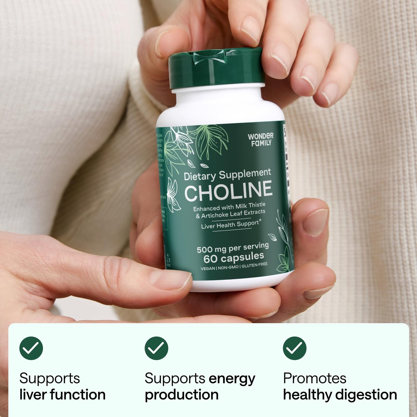 Choline Bitartrate 500MG - Premium Choline Supplements - Liver Support Supplement & Gallbladder Supplements - Colina Suplemento 500 mg Orgánica - Brain Vitamin for Memory and Focus - 60 Choline Caps