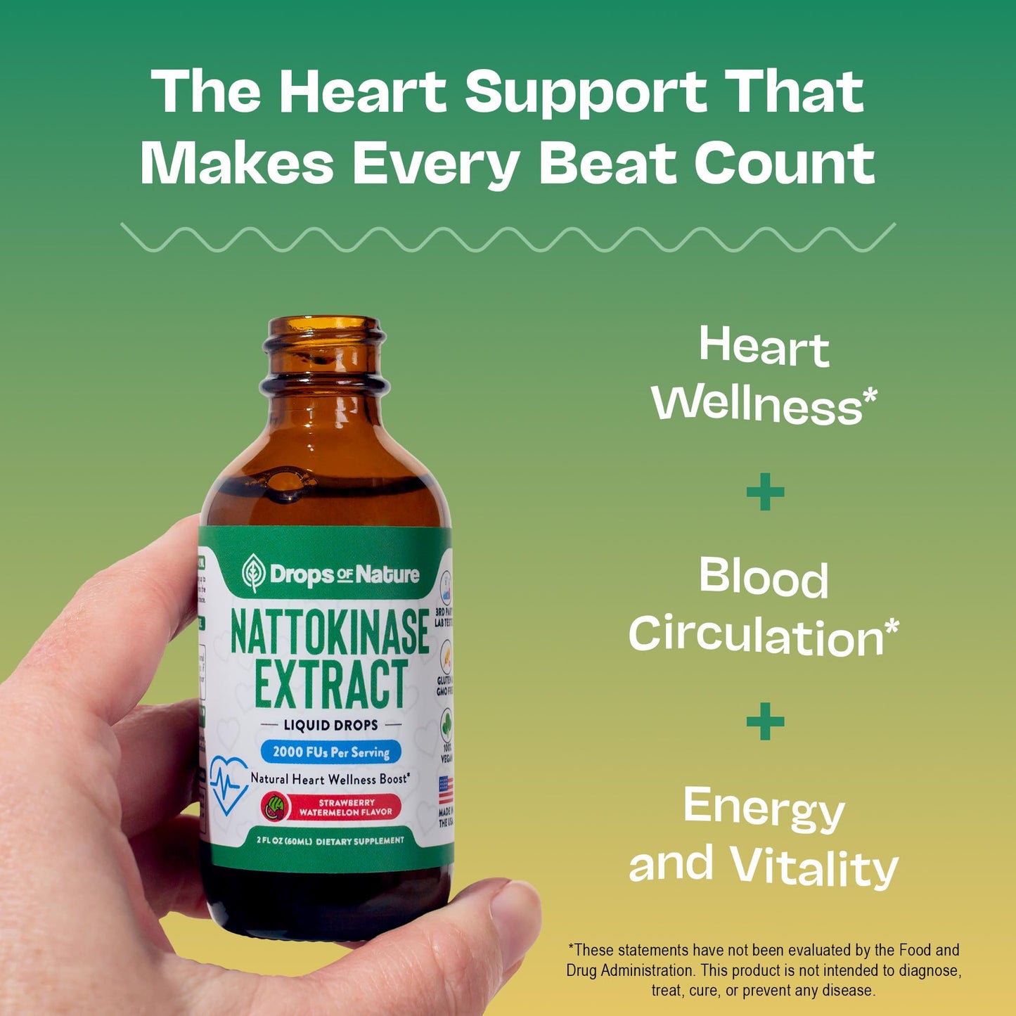 Nattokinase Supplement Liquid Drops – Made of Nattokinase 2000 FU Extract – Vegan, GMO-Free – Liquid Alternative to Natto Veggie Caps – Aids in Maintaining Heart Wellness (Strawberry Watermelon, 60mL)