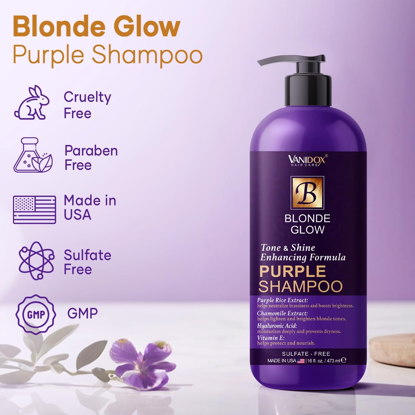 VANIDOX Sulfate Free Brass Toning Purple Shampoo for Blondes, Brown Highlighted, or Bleached Hair, Infused with Purple Rice Extract, Hyaluronic Acid, Vitamin E, and Chamomile Extract (16 fl oz)