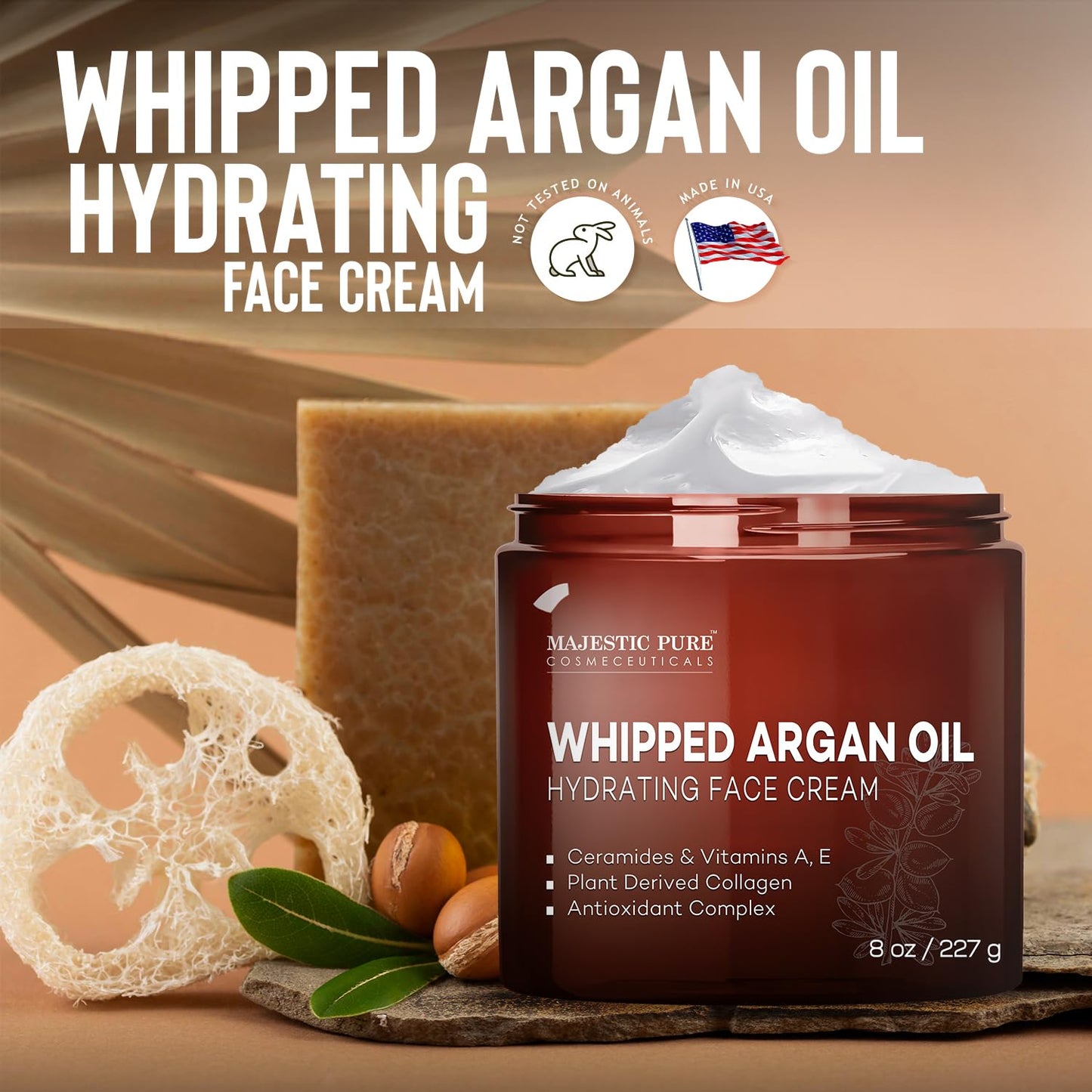 Majestic Pure Whipped Argan Oil Moisturizer Face Cream for Women & Men - With Vitamin E A, Collagen & Ceramides - Hydrates Dry Skin, Oily Skin, Reduces Appearance of Fine Lines – 8oz