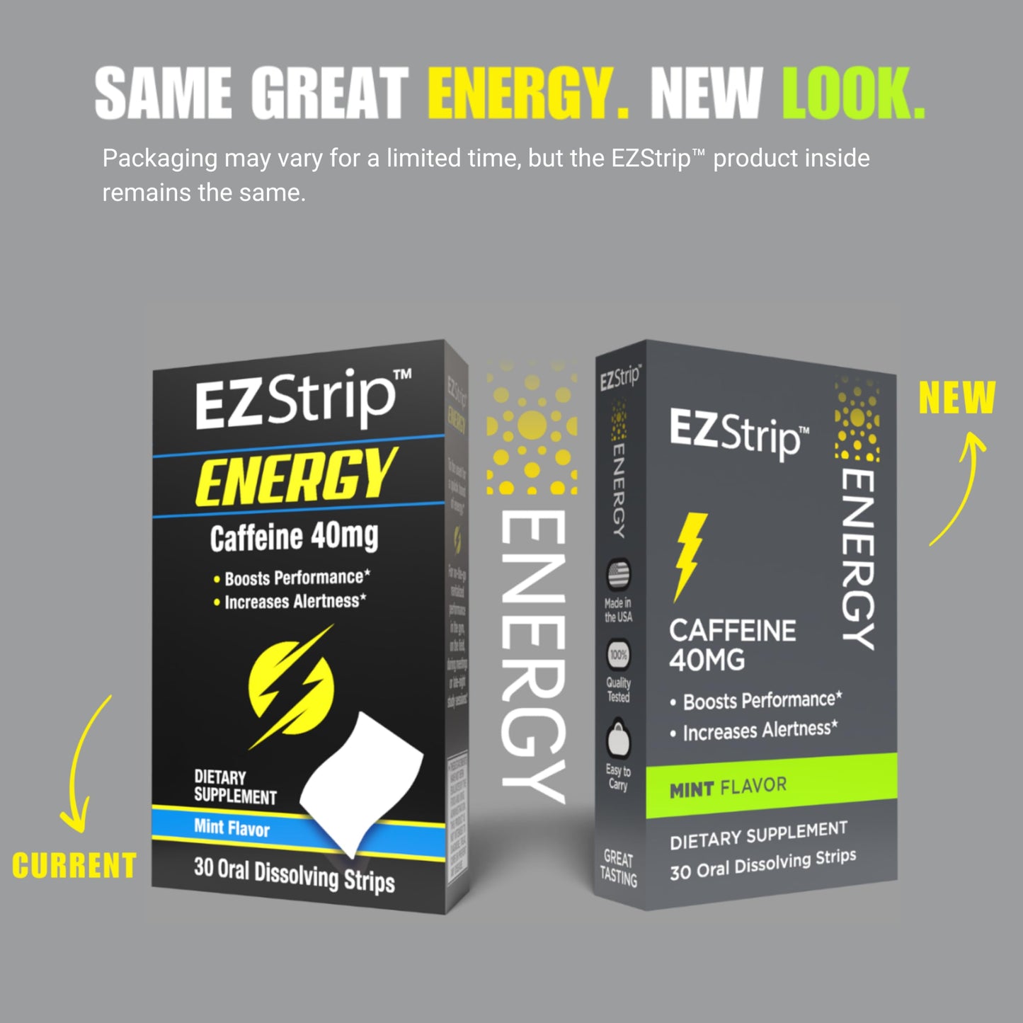 EZStrip Energy Supplements - Mint Flavor, 30 Count - Dissolving Strips with 40mg Caffeine to Help Energize Your Day and Boost Performance - Made in The USA, Sugar and Gluten-Free