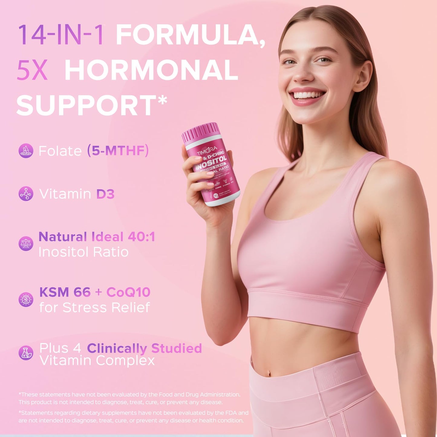 TIMORA 14-in-1 Myo-Inositol & D-Chiro Inositol Supplement for Women, Targeted 40:1 Ratio Plus Folate (5-MTHF) for Regular Cycles, Hormone Balance & Ovarian Support with KSM66 Ashwagandha, Vitamins D3