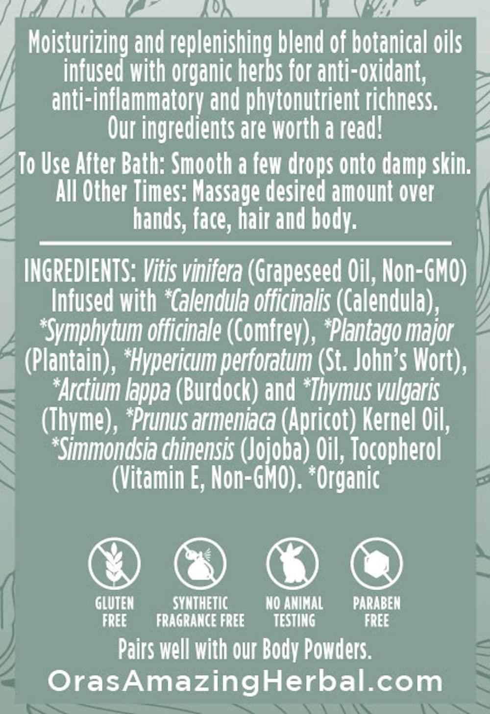 Ora's Amazing Herbal Unscented Body Oil, Fragrance Free Massage Oil with Pump, Moisturizing Body Oils for Men and Women, Herbal Infused Grapeseed Jojoba & Apricot with Calendula, 7.5 Fl Oz