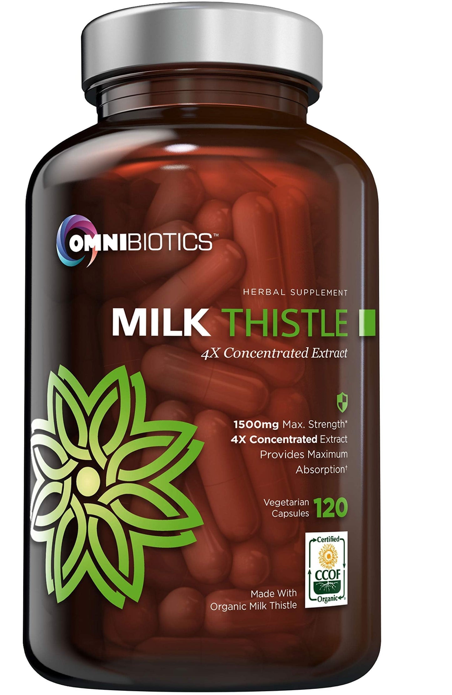 OmniBiotics Organic Milk Thistle Supplement 1500mg β 4X Concentrated Extract with Silymarin β High Potency Liver Detox & Support β 120 Vegan Capsules