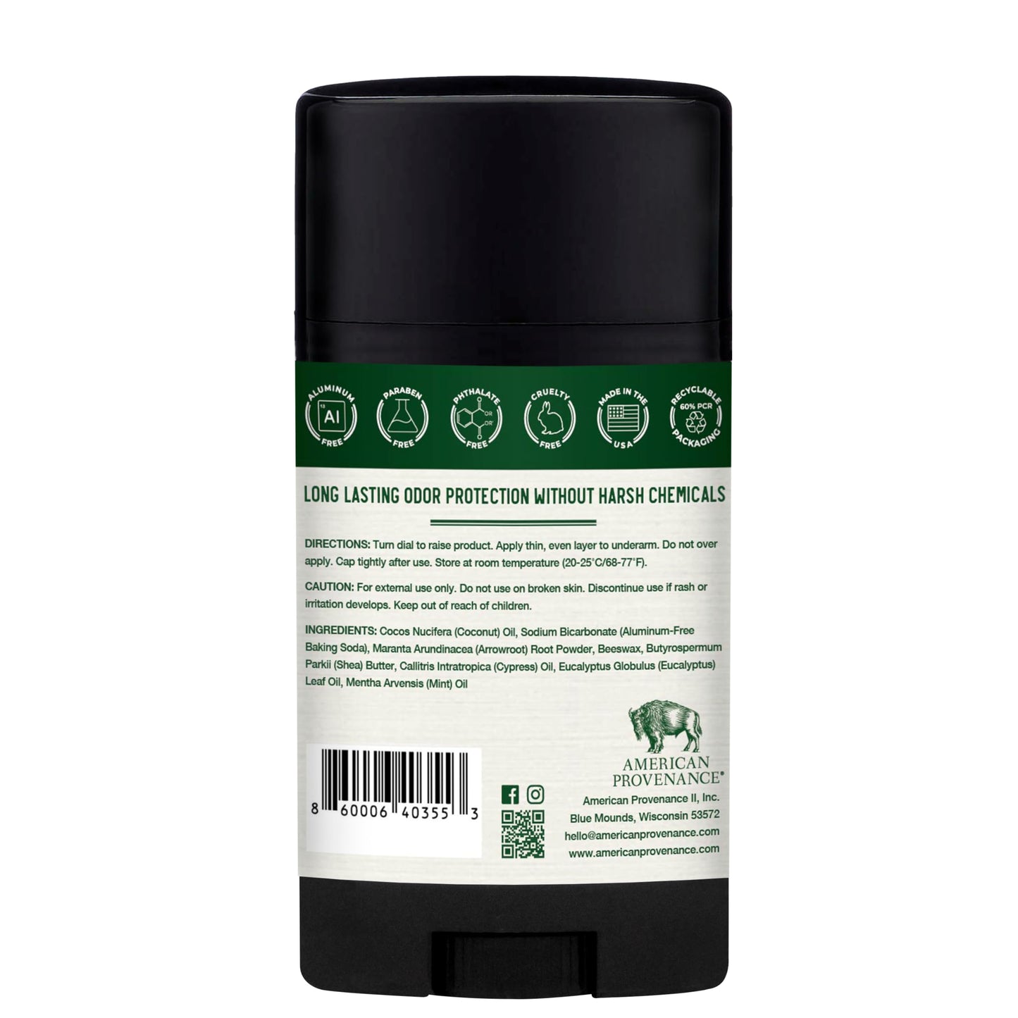 American Provenance Aluminum Free Natural Deodorant For Women and Men - Eucalytus and Mint - 24 Hour Odor Protection Cruelty Free - Made in the USA (1 pack)
