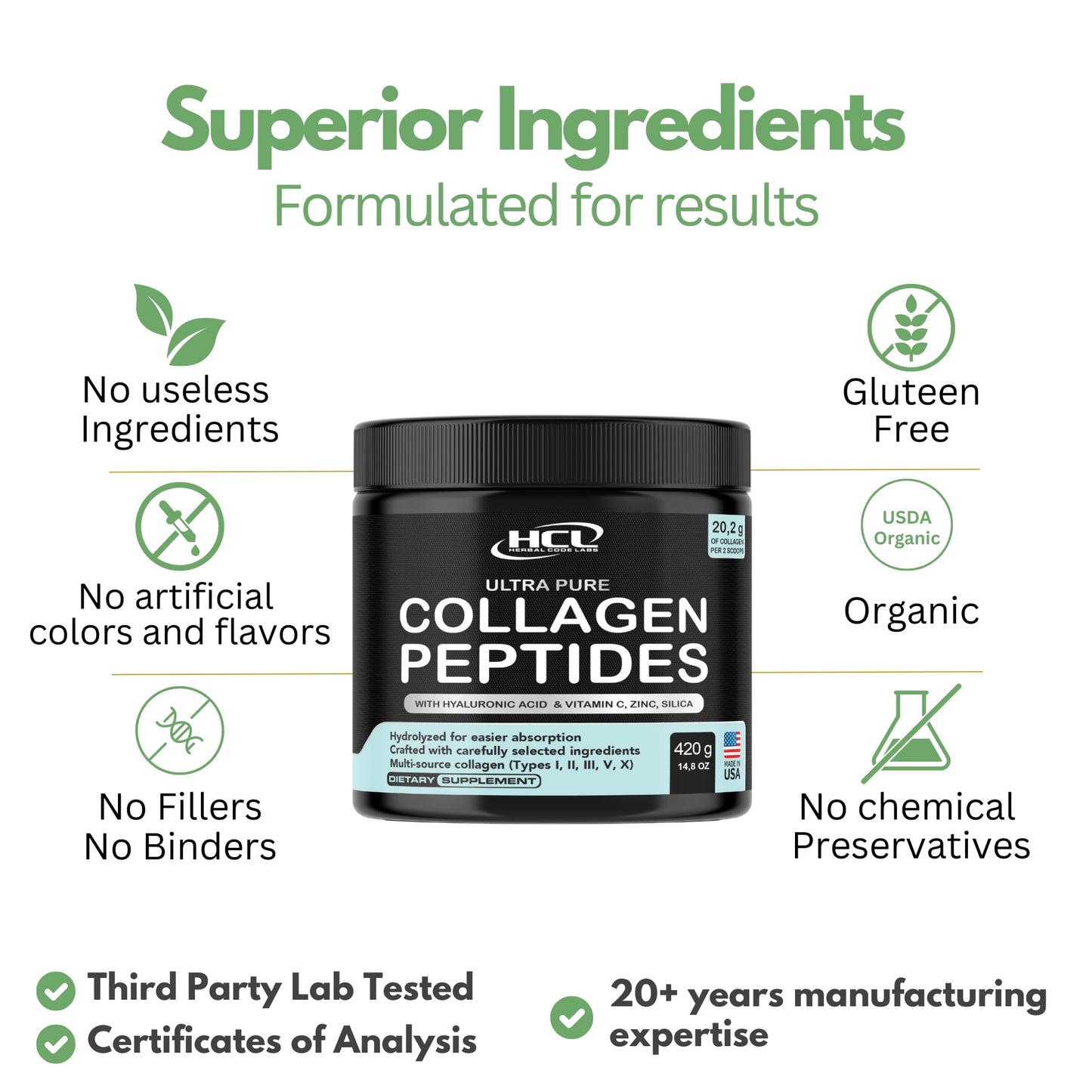 Collagen Peptides Powder with Vitamin C & Hyaluronic Acid - from Organic Cleanest Sources & Super High Absorption - Hydrolyzed Multi Type I, II, III, V, X - Skin Hair Supplement Made in USA