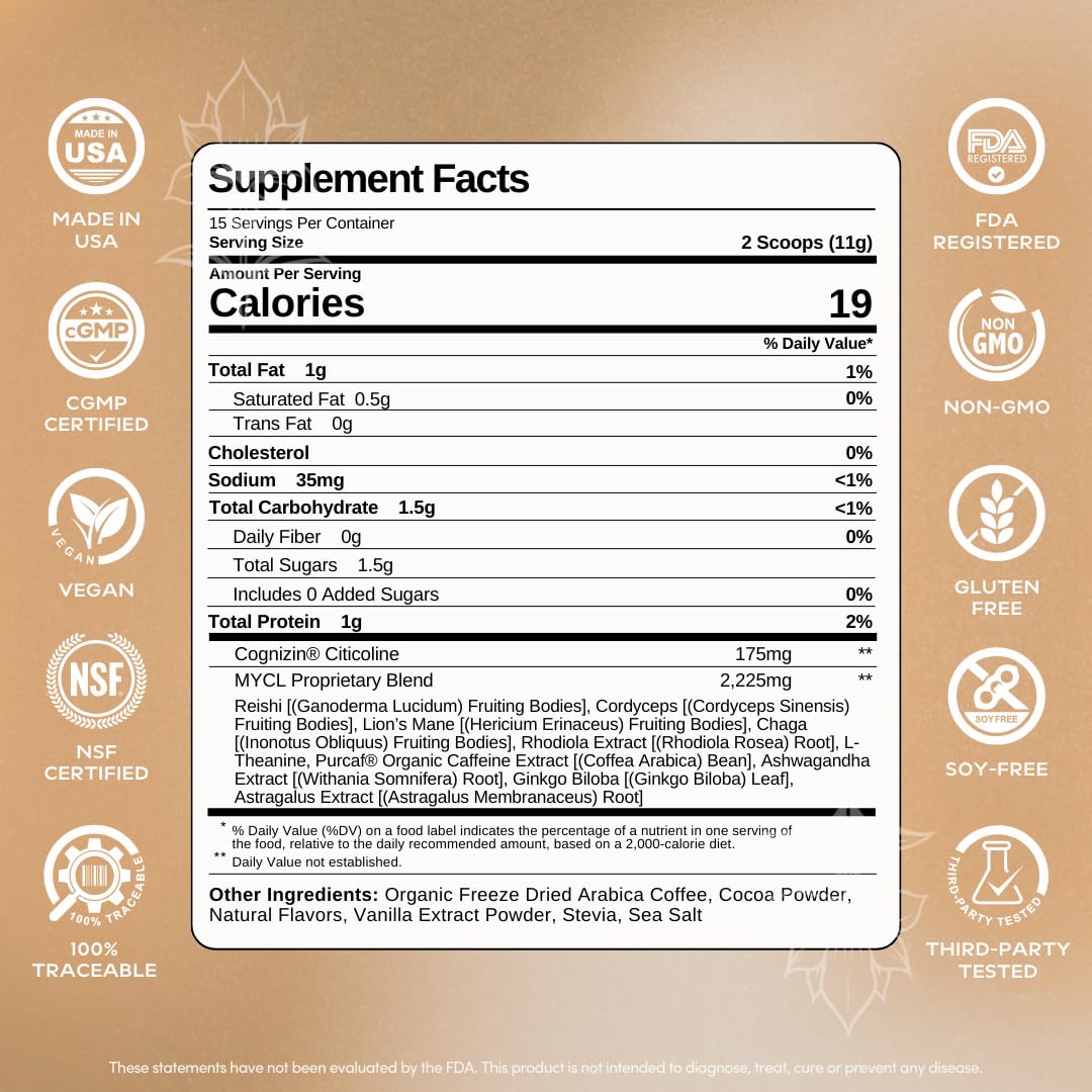 MYCL Cognizin Mocha Latte Mushroom Coffee - 175mg Cognizin Citicoline + 2,100mg Fruiting Body – Reishi, Lion’s Mane, Cordyceps & Chaga - Focus, Memory & Energy - Organic, Vegan - 15 Servings