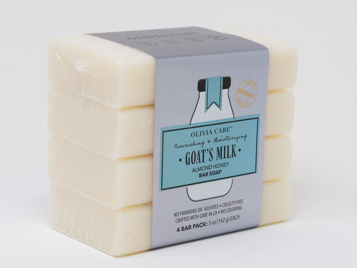 Olivia Care Goat's Milk Organic Bar Soap 4 Pack of 5 oz Bars Made in the USA (Almond Honey)