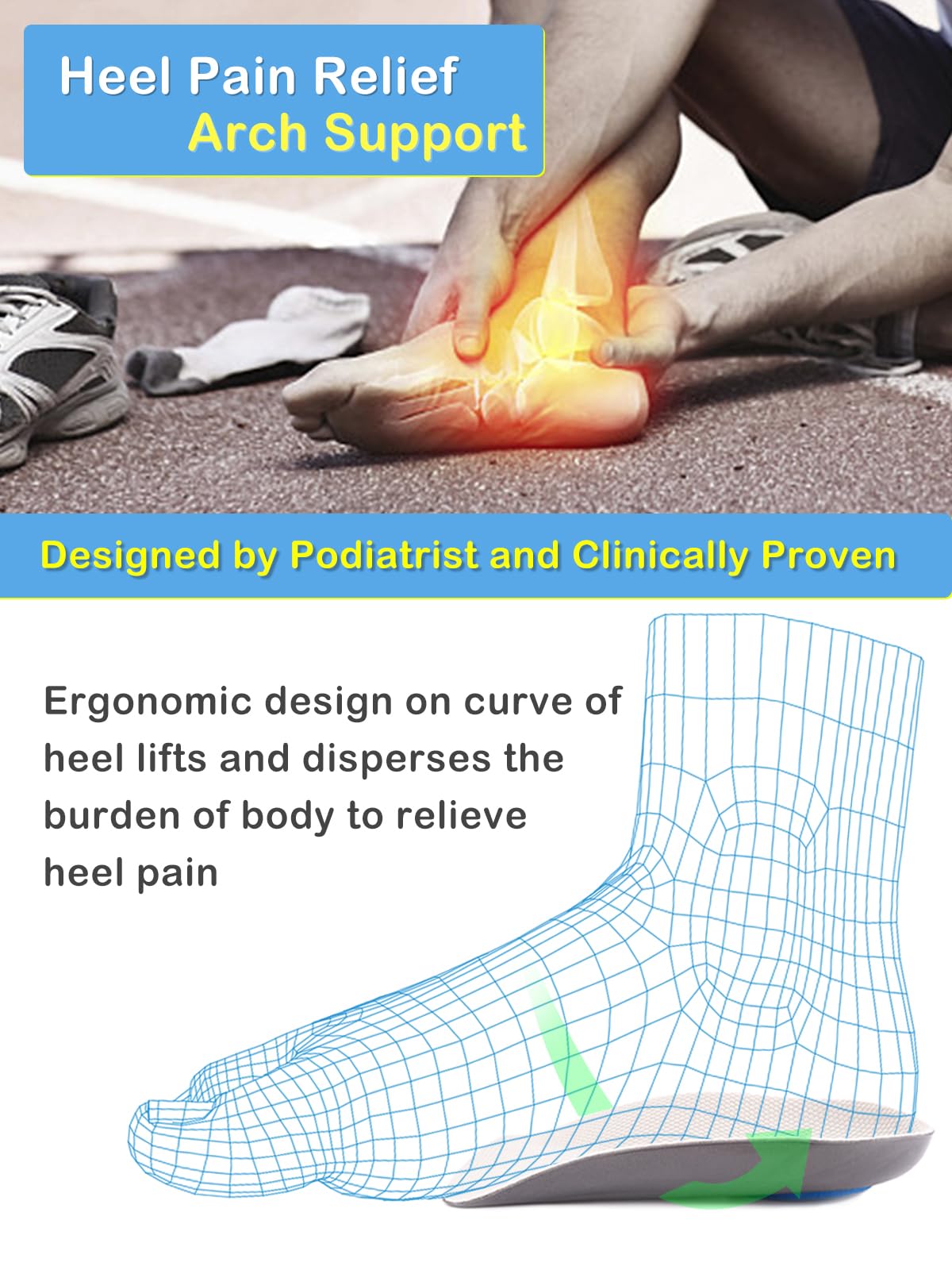 Heel Cup Plantar Fasciitis Inserts Arch Support【PORON Cushion - Made in USA】 Men Women Heel Insoles for Heel Pain (Gray, Women 6-11.5 / Men 4.5-9.5)