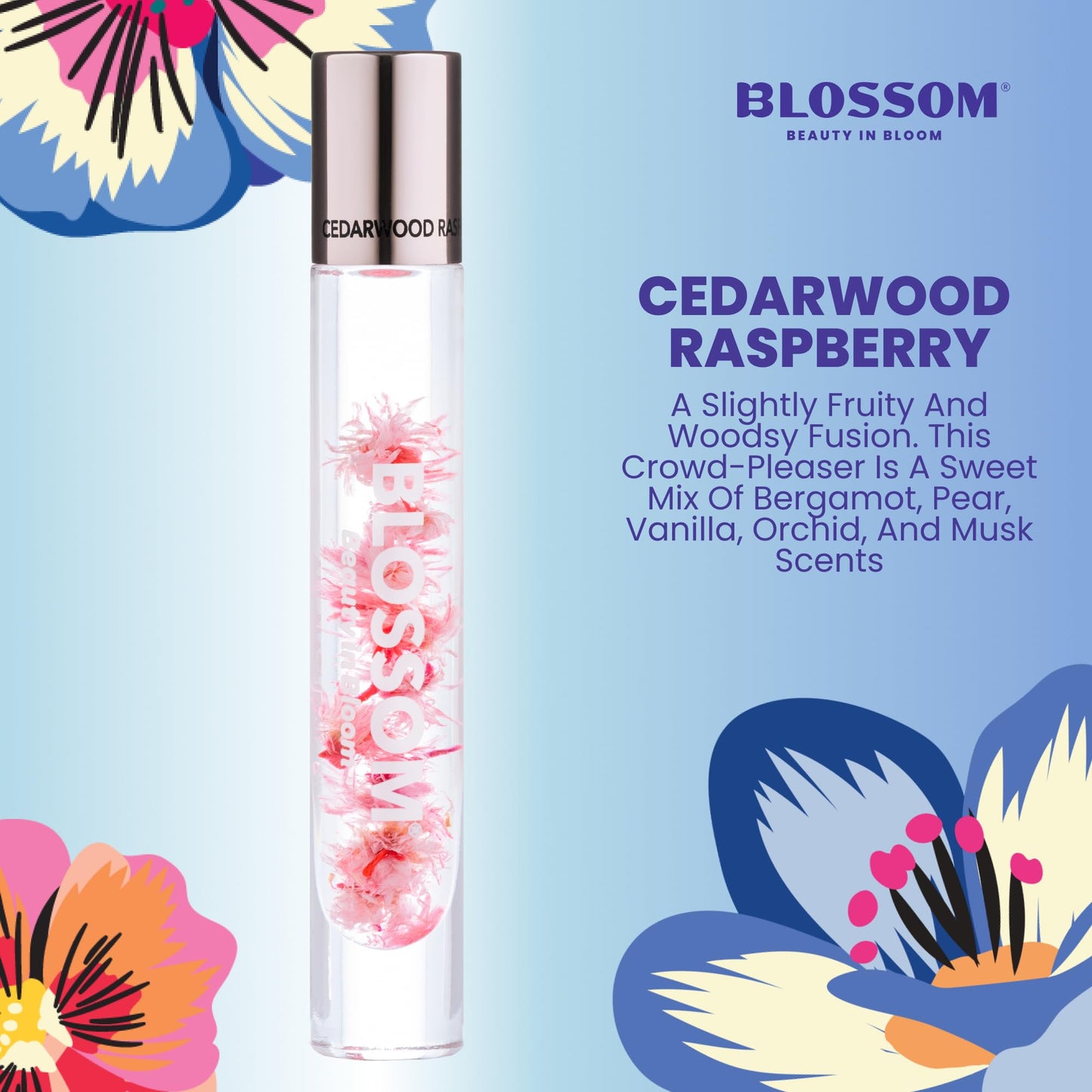 Blossom Roll on Perfume for Women Alcohol Free Rollerball Perfume Oil with Essential Oils, Infused with Real Flowers, Made in USA, 0.20oz (Bergamot, Pear, Vanilla, Orchid), Cedarwood Raspberry