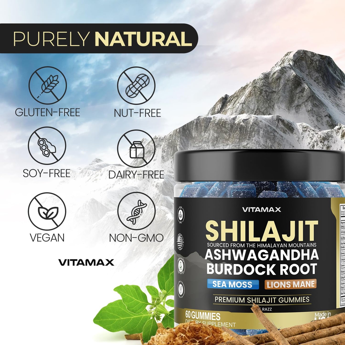 Organic Shilajit Gummies, Sea Moss, Ashwagandha, 105+ Trace Minerals – Organic Burdock Root & Lions Mane Mushroom - Blue Razz – Vegan & Non-GMO – Made in USA – 60ct
