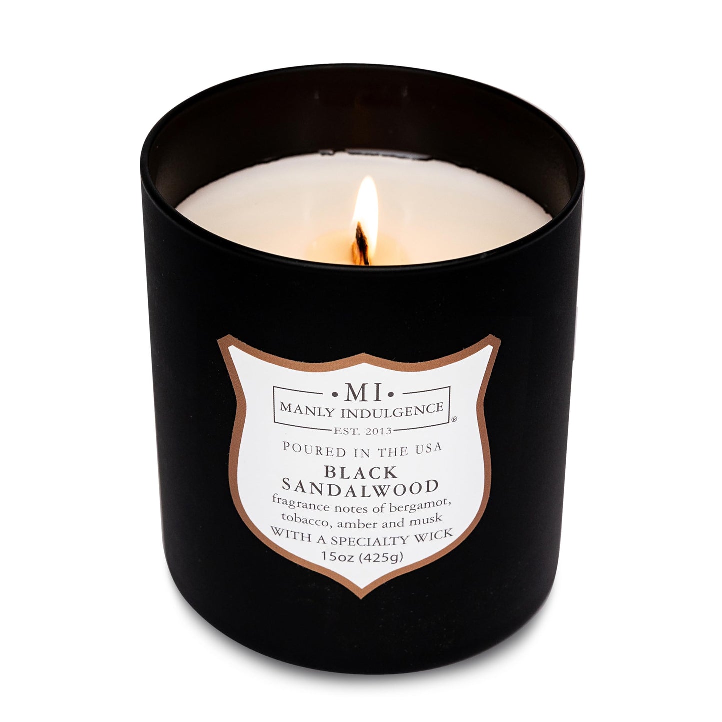 Manly Indulgence Black Sandalwood Scented Candle for Men 15 oz – Bergamot, Tobacco, Amber & Musk - Wood Wick - Up to 60 Hours Burn - Soy Blend Wax, USA Poured – Signature Collection