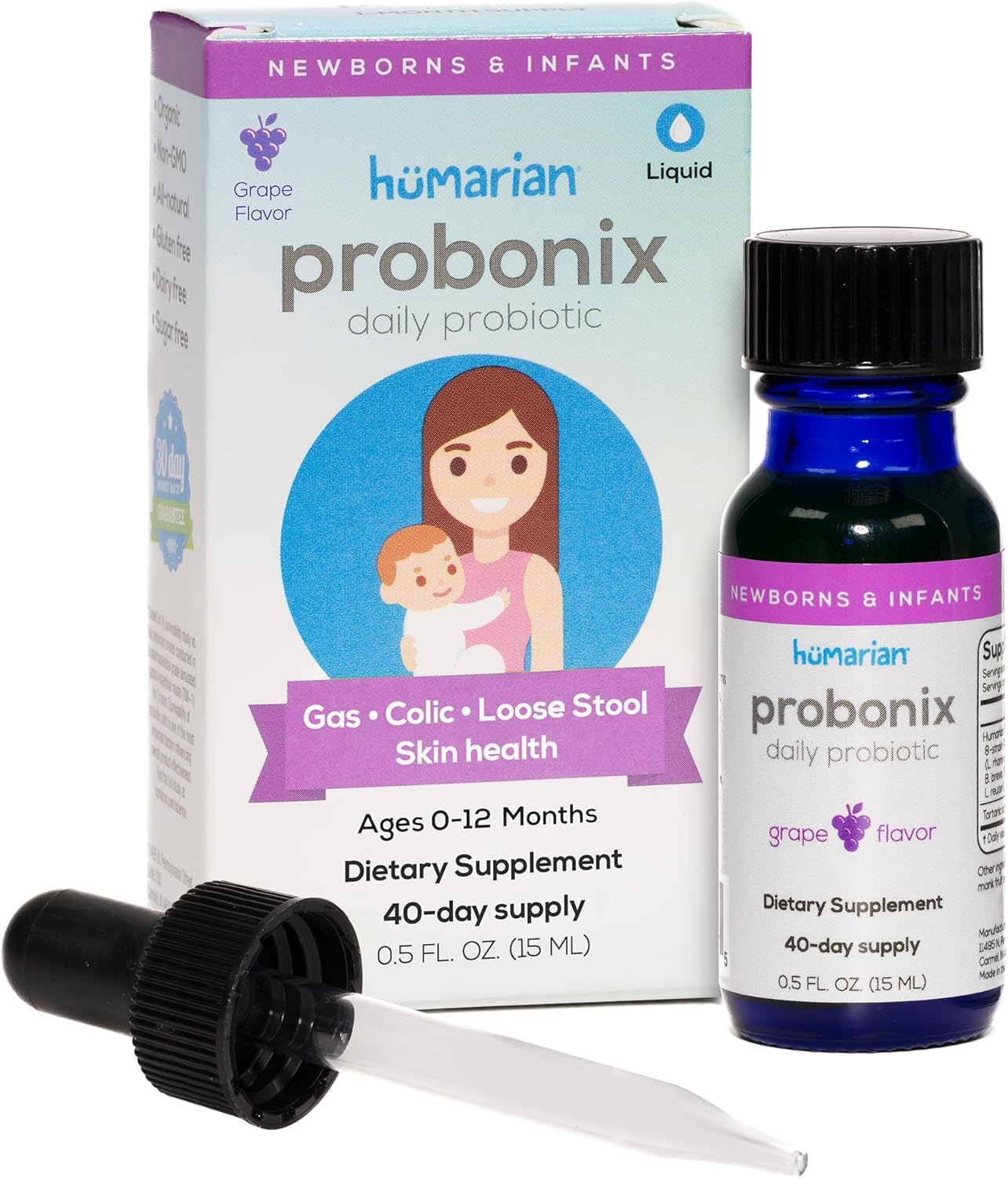 Probonix Humarian Liquid Probiotic for Baby 0-12 Months - 8-Strain Infant Probiotic Drops - 45 Billion CFUs - 40-Day Supply - Tasty Grape Flavor
