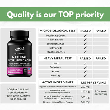 Natural Hyaluronic Acid Supplement 5X Stronger Hydration Pills from Pure Tremella Mushroom with Vitamin C & Hibiscus - Skin Supplement Anti Wrinkle Dietary Capsules - hair nails vitamins