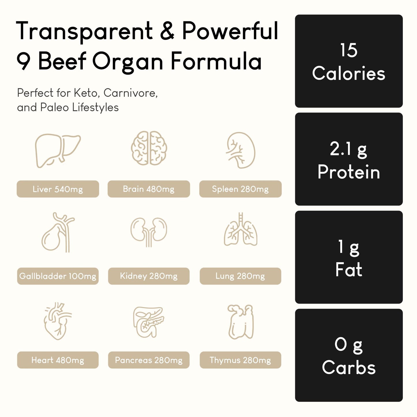Optimal Carnivore Beef Organ Supplement, Grass Fed Beef Organs for Men & Women, 9 Organ Complex - Liver, Brain, Thymus, Lung, Gallbladder
