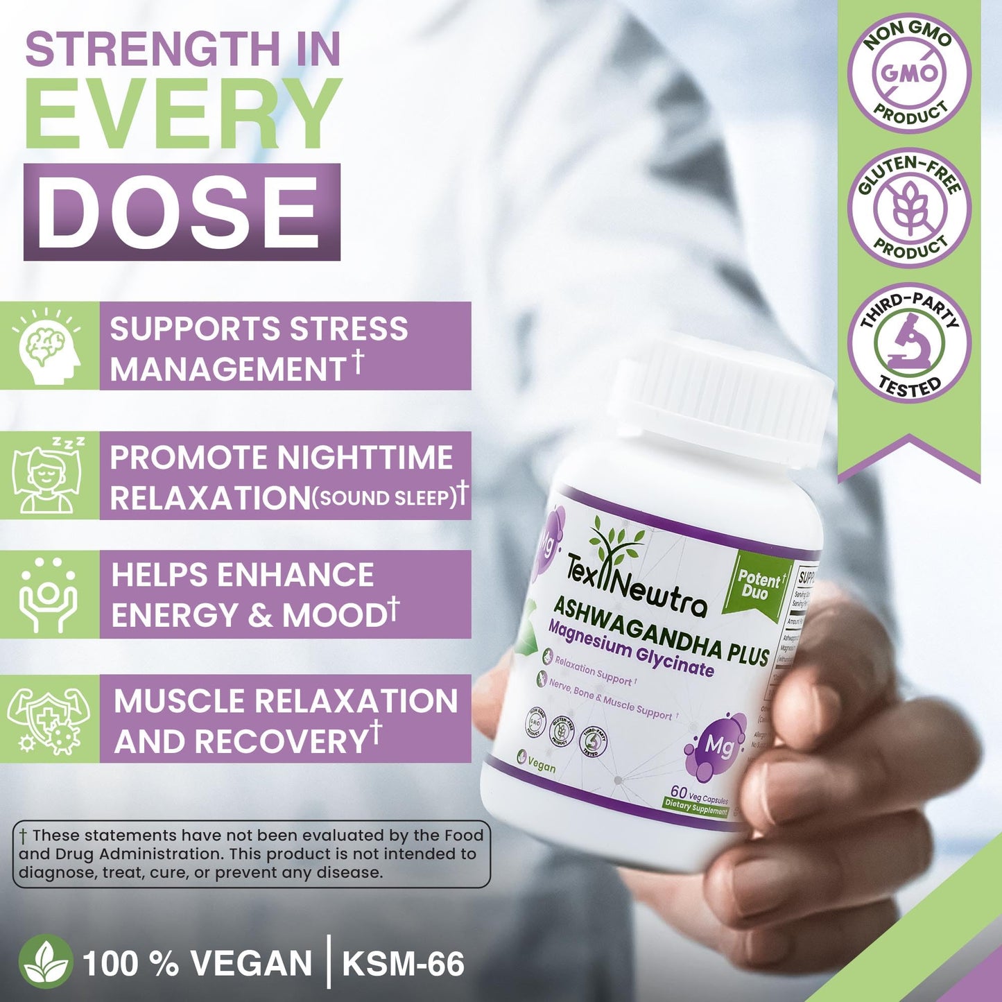 TEX NEWTRA Ashwagandha Vegan Root Extract (5% Withanolides) & Magnesium Glycinate Supplement – Non-GMO, Gluten-Free, Allergen Free and Lactose Free – 60 Capsules