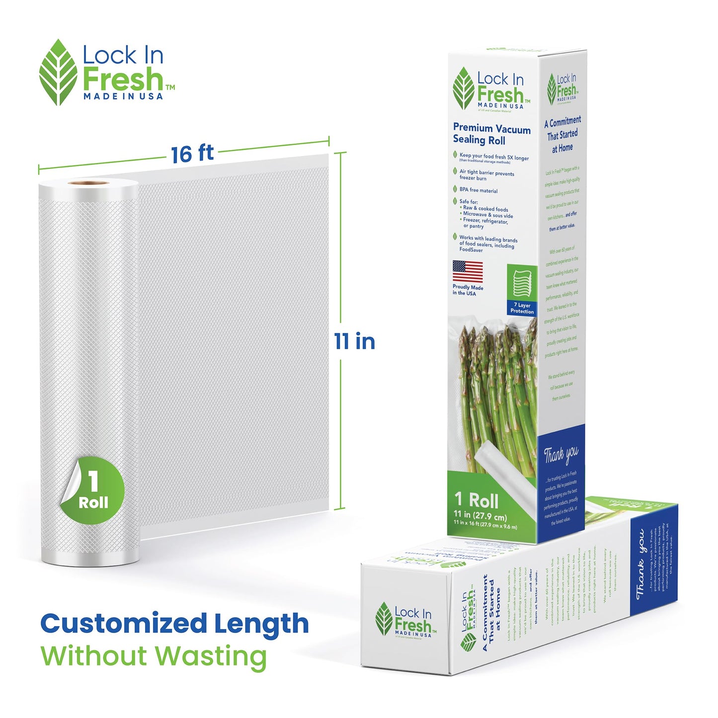 Lock In Fresh Vacuum Sealer Bags for Food - Heavy Duty Food Saver Vacuum Sealer Bag Rolls - Sous Vide, Seal a Meal Bags, 1-pack, 11" x 16' - Made in the USA