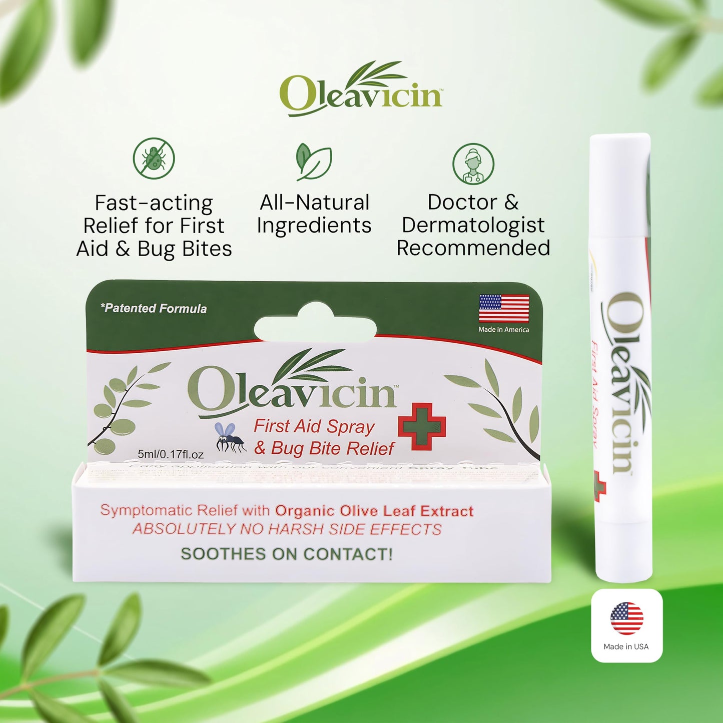 Oleavicin First Aid Spray & Bug Bite Relief - 1 Pack – Organic Olive Leaf Extract | Fast-Acting Relief for Minor Skin Irritations, Bug Bites & Burns | Natural & Clinically Proven | 0.17 oz (5ml)