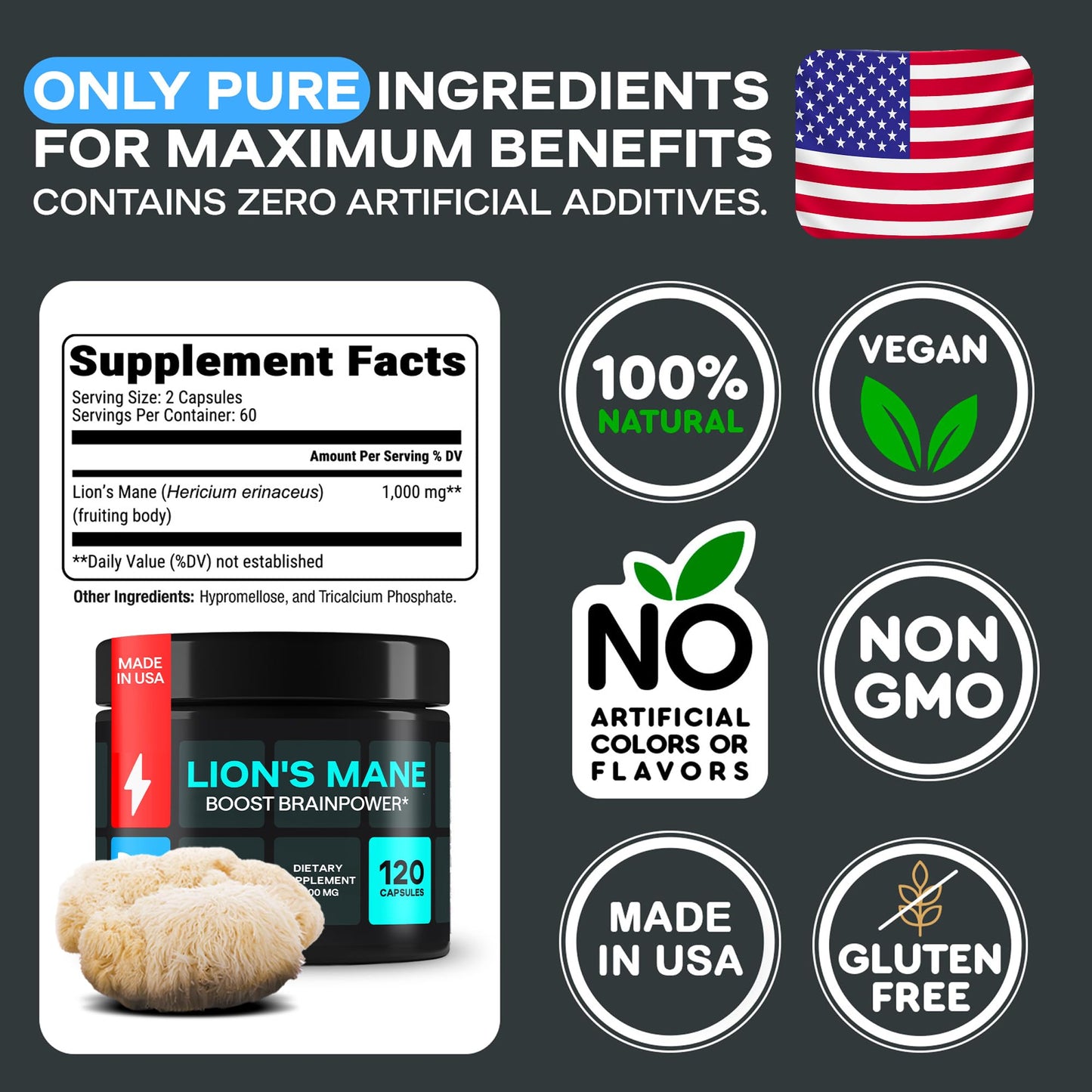 Lion’s Mane Supplement Capsules 1000mg – Nootropics Brain Support Supplement with Alpha GPC – Organic Mushroom Complex for Memory, Focus, Energy, Mood & Nerve Health – Melena de Leon Organico 120 Caps