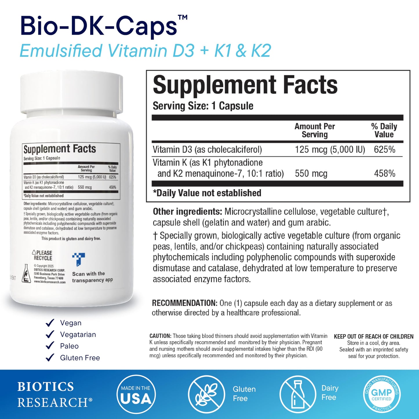 Biotics Research Bio-DK Caps™–Emulsified Vitamin D and K, Vitamin D3 125 mcg & Vitamin K (k1,k2) 550 mcg- MK7– Vitamin D3 K2 K1, Stronger Bones, Musculoskeletal Strength, Healthy Heart & BMI 60 Caps