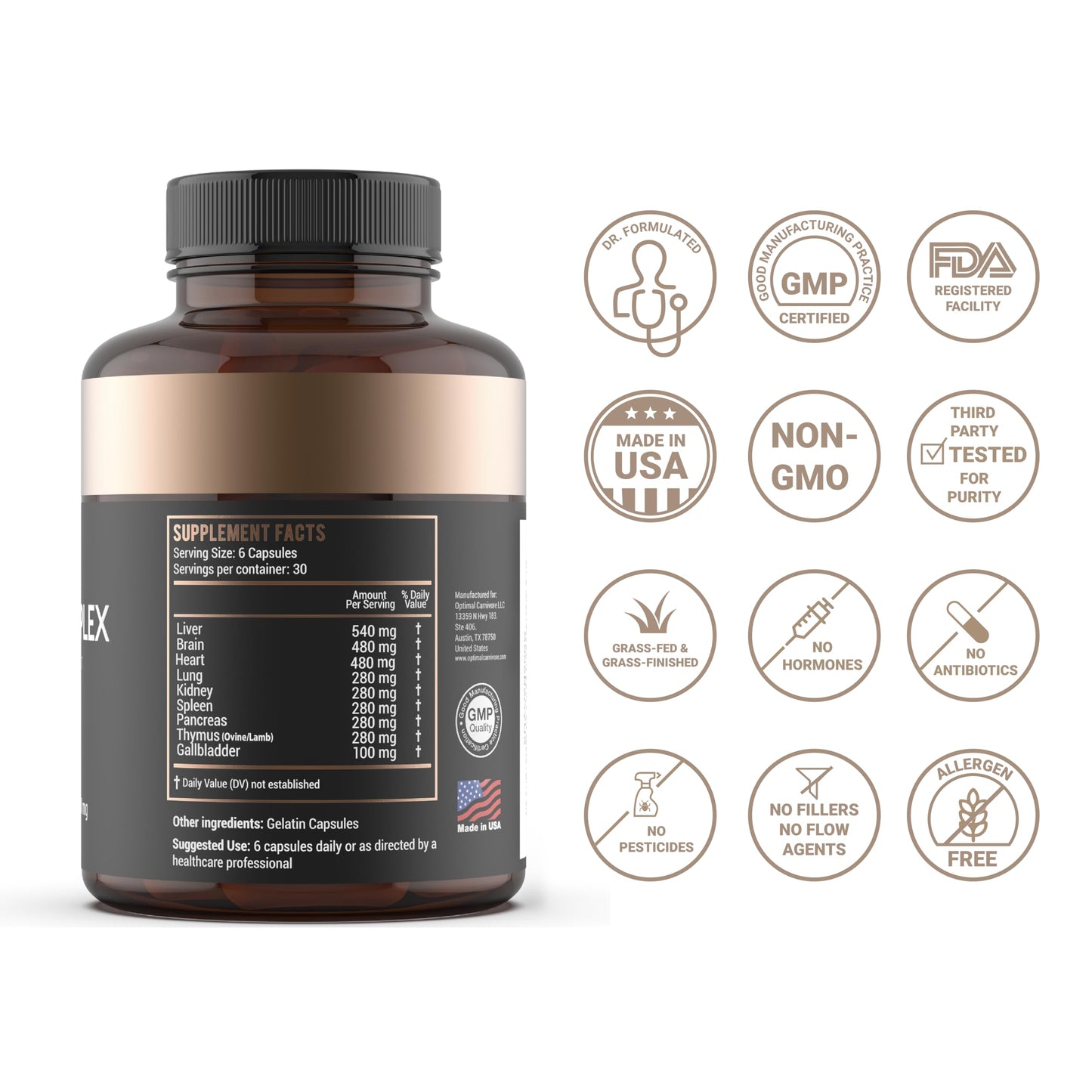 Optimal Carnivore Beef Organ Supplement, Grass Fed Beef Organs for Men & Women, 9 Organ Complex - Liver, Brain, Thymus, Lung, Gallbladder