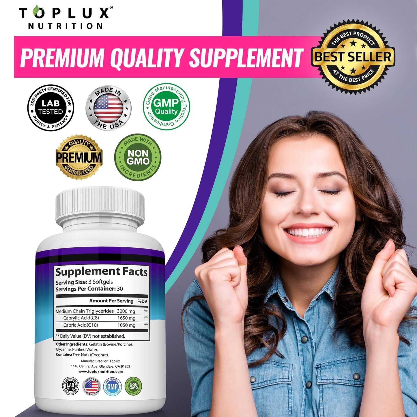 Toplux Keto MCT Oil Capsules - 3000mg Natural Pure Coconut Oil Extract Pills, Source of Energy, Easy to Digest for Men Women, 90 Softgels, Supplement