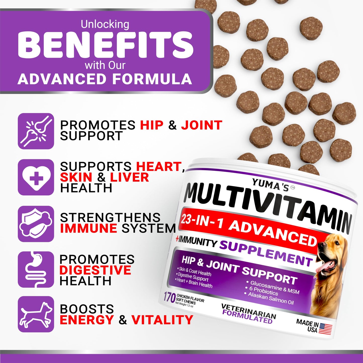 Dog Multivitamin Chewable with Glucosamine - Dog Vitamins and Supplements - Senior & Puppy Multivitamin for Dogs - Hip & Joint Support - Immune Health, Skin, Heart, Digestion, Probiotics