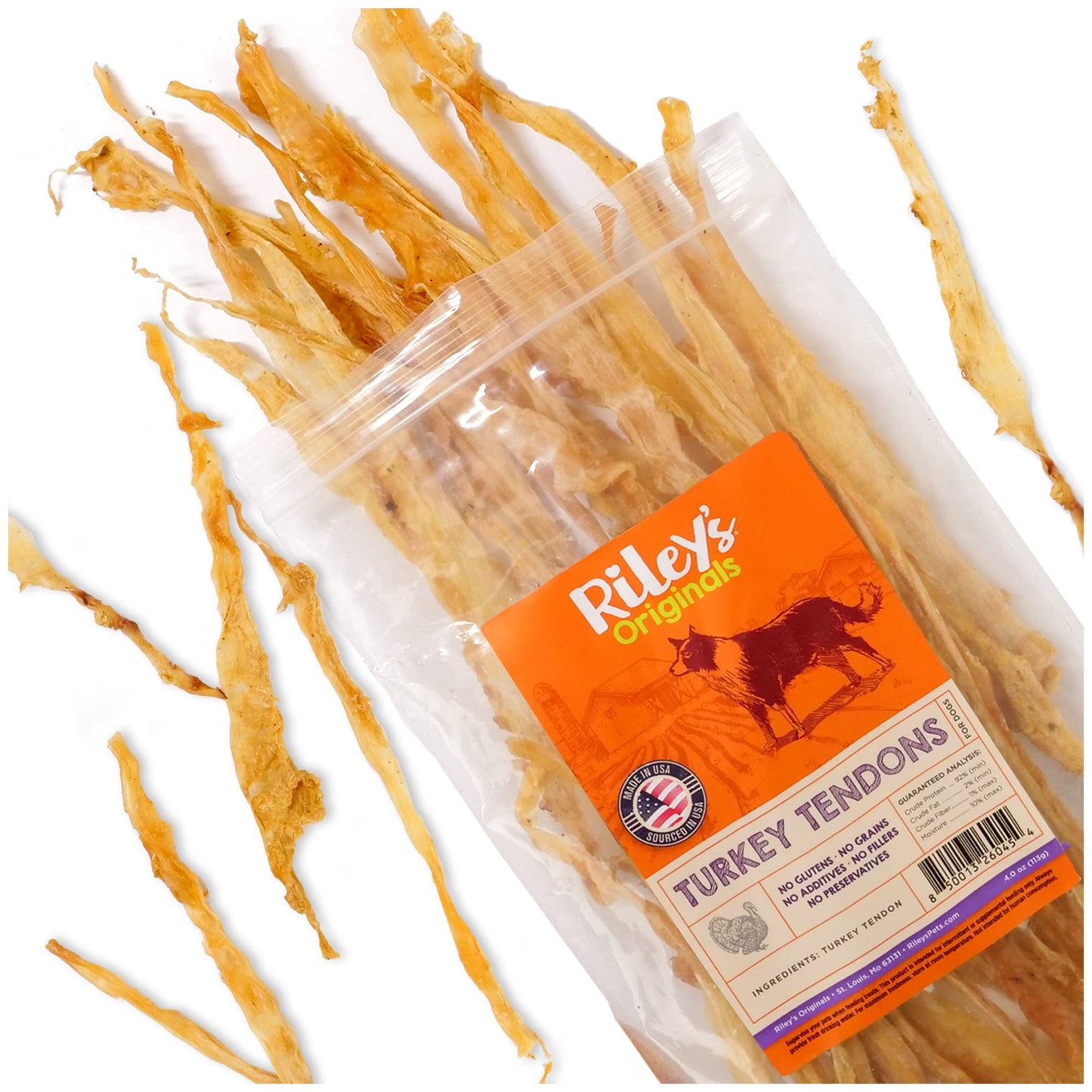 Riley's Turkey Tendons for Dogs Made in The USA & Sourced in The USA - Single Ingredient Dog Treats - All Natural Turkey Tendon Chews for Dogs - 4 oz