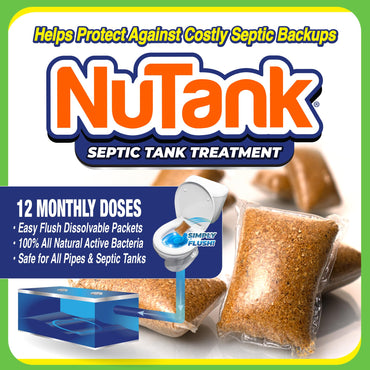 NuTank Septic Tank Treatment - 12 Dissolving Packets - 1 Year Supply of Septic Safe Enzyme Producing Packets - Helps Protect Against Costly Septic Backups - Made in USA