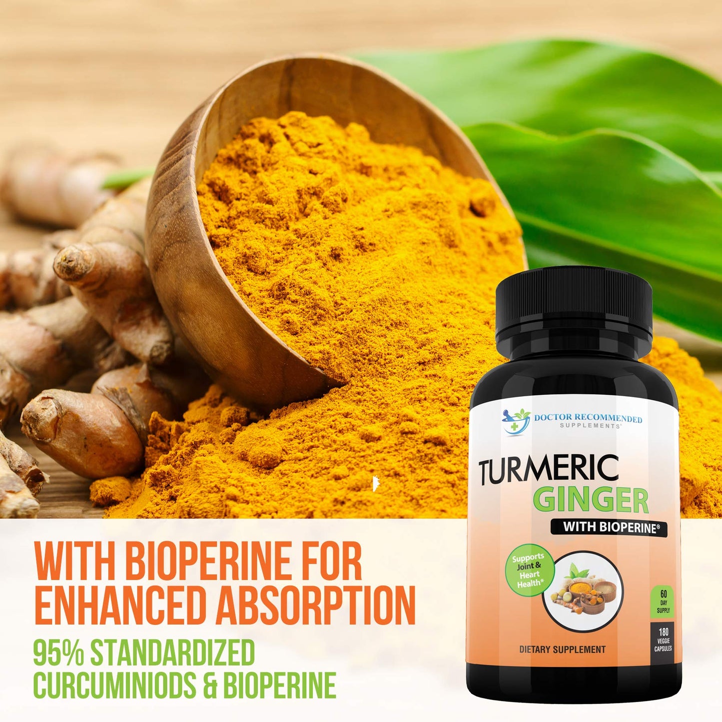 Turmeric Curcumin with Ginger, 95% Curcuminoids with BioPerine - 180 Veggie Capsules - Made in USA