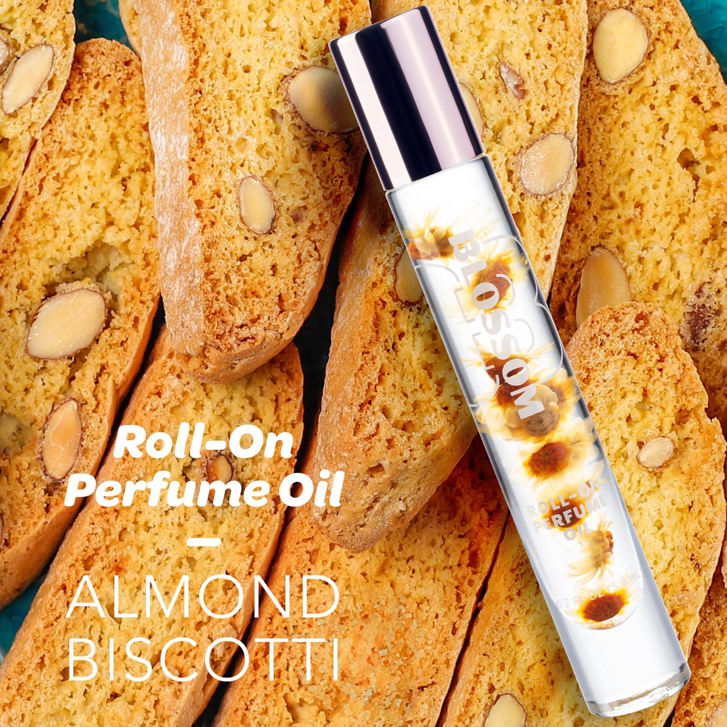 Blossom Roll on Perfume for Women Alcohol Free Gourmand Rollerball Perfume Oil with Essential Oils, Infused with Real Flowers, Made in USA, 0.20oz, (Vanilla, Caramel, Nutmeg) Almond Biscotti