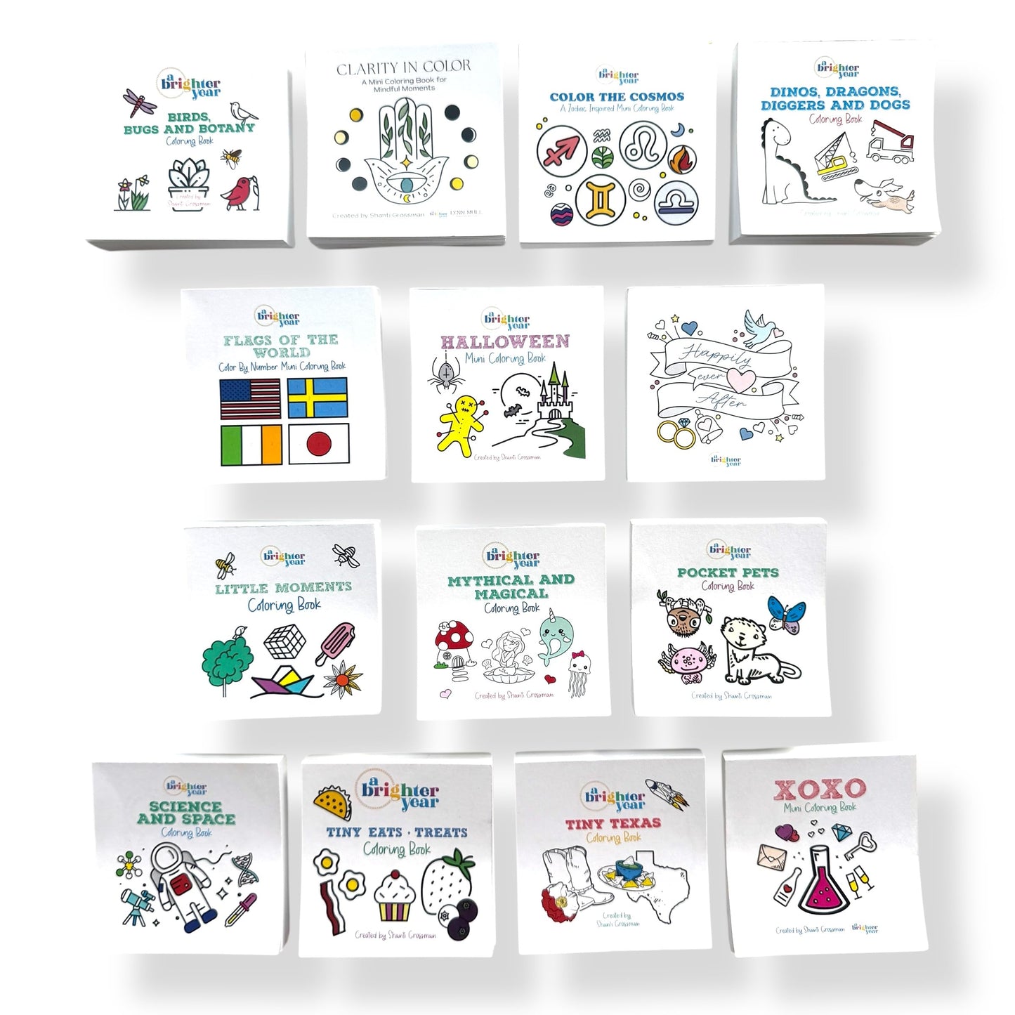 A Brighter Year The Original Adult Mini Coloring Book - 14 Piece Variety Pack - 3” x 3” Pocket Size, 50 Pages, Lay Flat Binding, Thick Paper, No Bleeding - Stress/Anxiety Relief - Relaxation, Gift