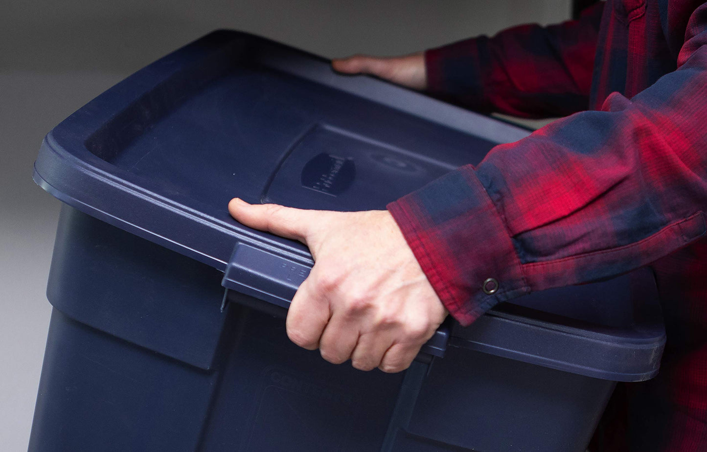 Rubbermaid Roughneck Tote 25 Gal, 4 Pack, Made in USA, Dark Indigo Metallic, Rugged Plastic Stackable Storage Bins with Lids and Handles