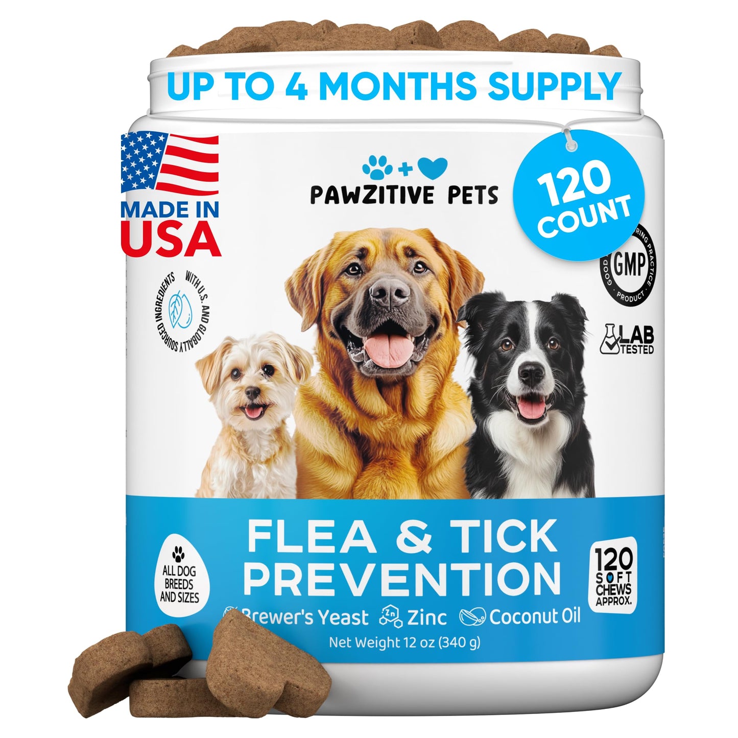 Chewable Flea and Tick Prevention for Dogs - 120 Soft Chews Made in USA - Oral Flea and Tick Control Pills for Small, Medium, Large Dogs and Puppies - Skin and Coat Supplement Treats for All Breeds