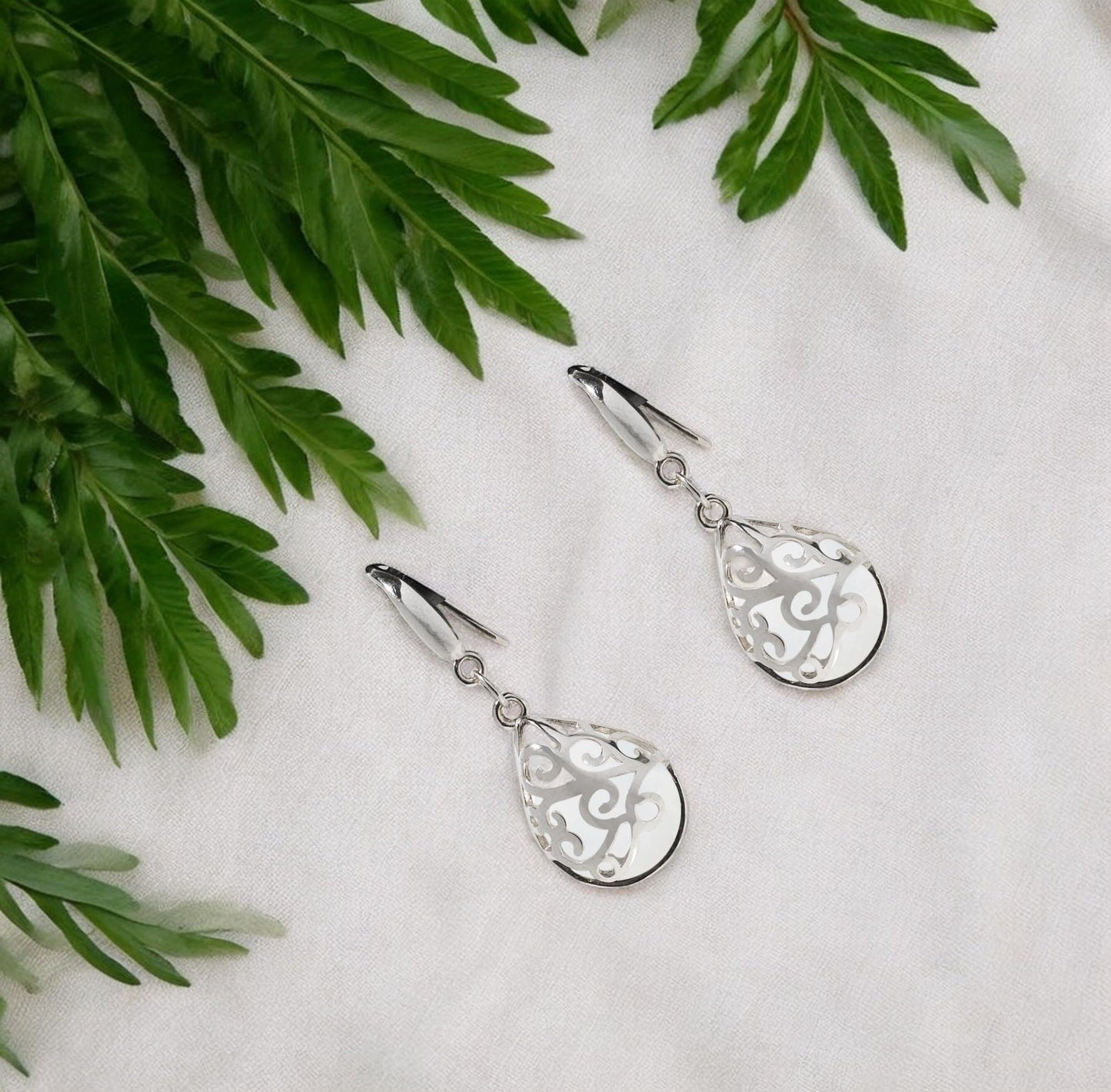 Bottled Up Designs Handmade Filigree Teardrop Earrings, Recycled Vintage Milk Glass, Sterling Silver, Eco Friendly, Made in USA, Mothers Day, Women, Anniversary (White Cold Cream Jar)
