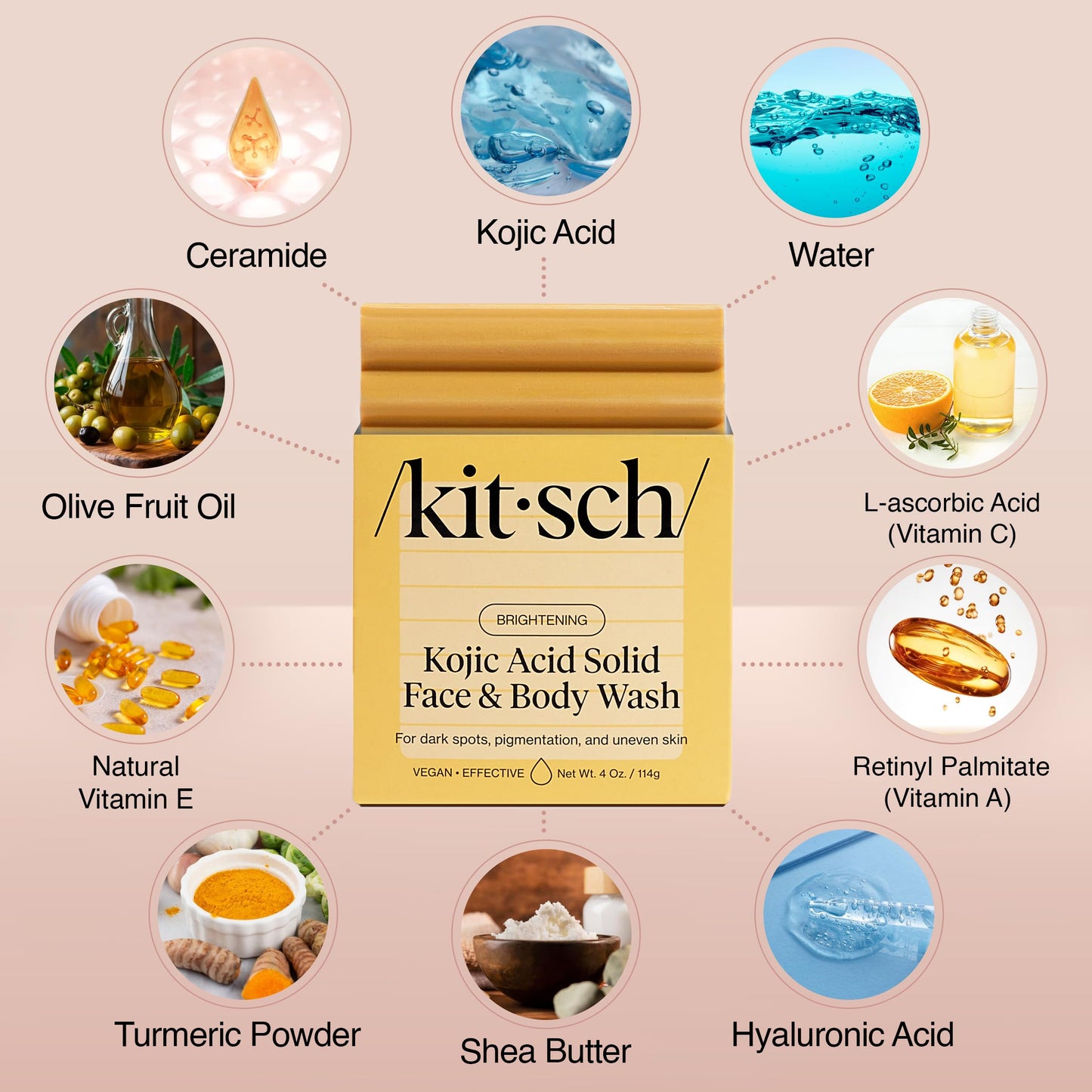Kitsch Kojic Acid Soap - Brightening & Hydrating Kojic with Turmeric Soap Bar - Reduces Dark Spots, Evens Skin Tone, With Hyaluronic Acid & Shea Butter, Paraben & Sulfate-Free - 4oz, Made in USA