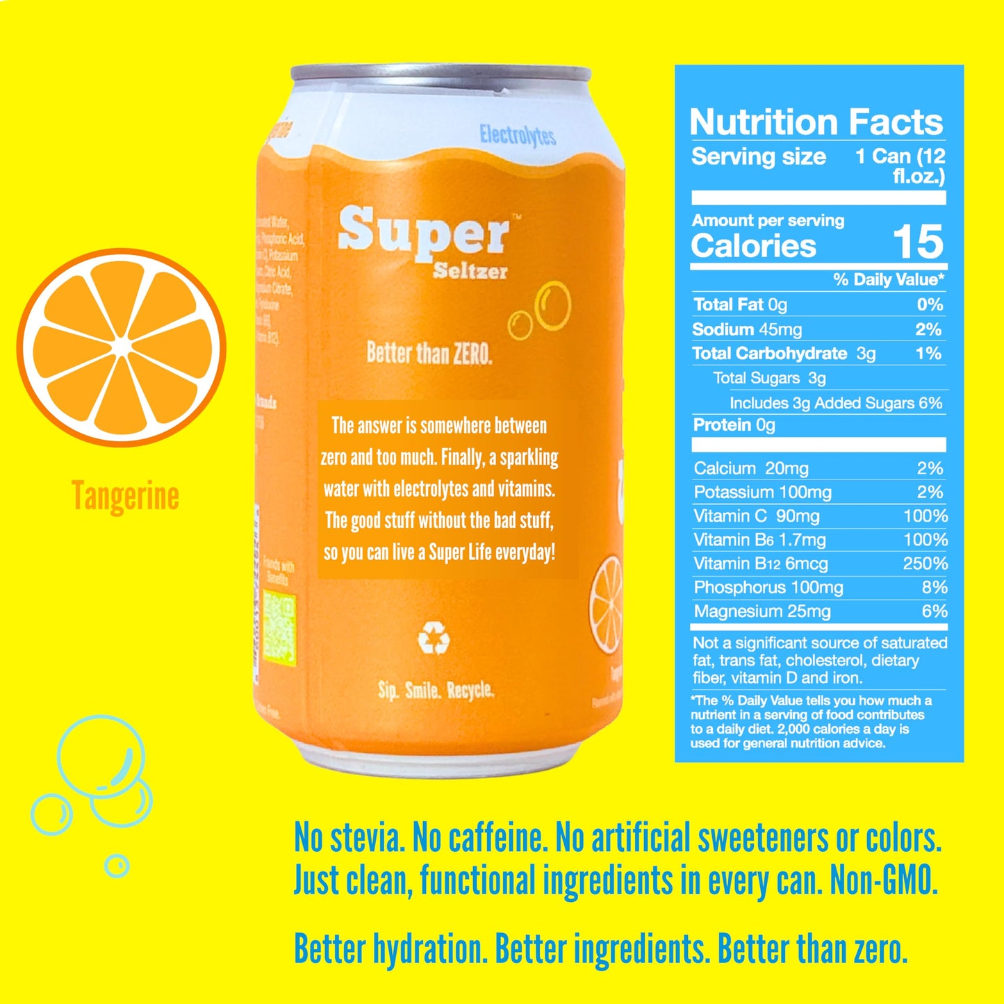 Super Seltzer Sparkling Water with Electrolytes and Vitamins, Tangerine Naturally Flavored, 12 Fl Oz, Pack of 12 cans