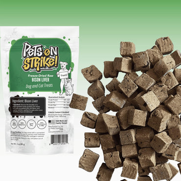 PETS ON STRIKE Freeze Dried Bison Liver for Dogs & Cats – Single Ingredient Dog Treats – USA Sourced & Made – High Protein, All Natural, Grain Free – Raw Freeze-Dried Training Treats (3oz)