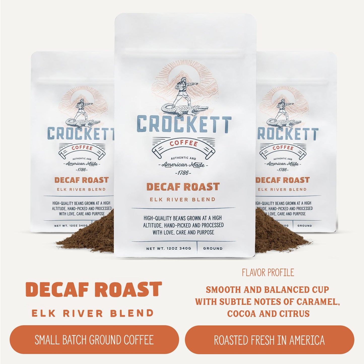 Crockett Decaf Ground Coffee – Bold Decaf Ground Coffee with Rich Flavor, Smooth Body & No Bitterness – Perfect for Classic Coffee Drinks, Caffeine-Free Energy & Guilt-Free Brewing